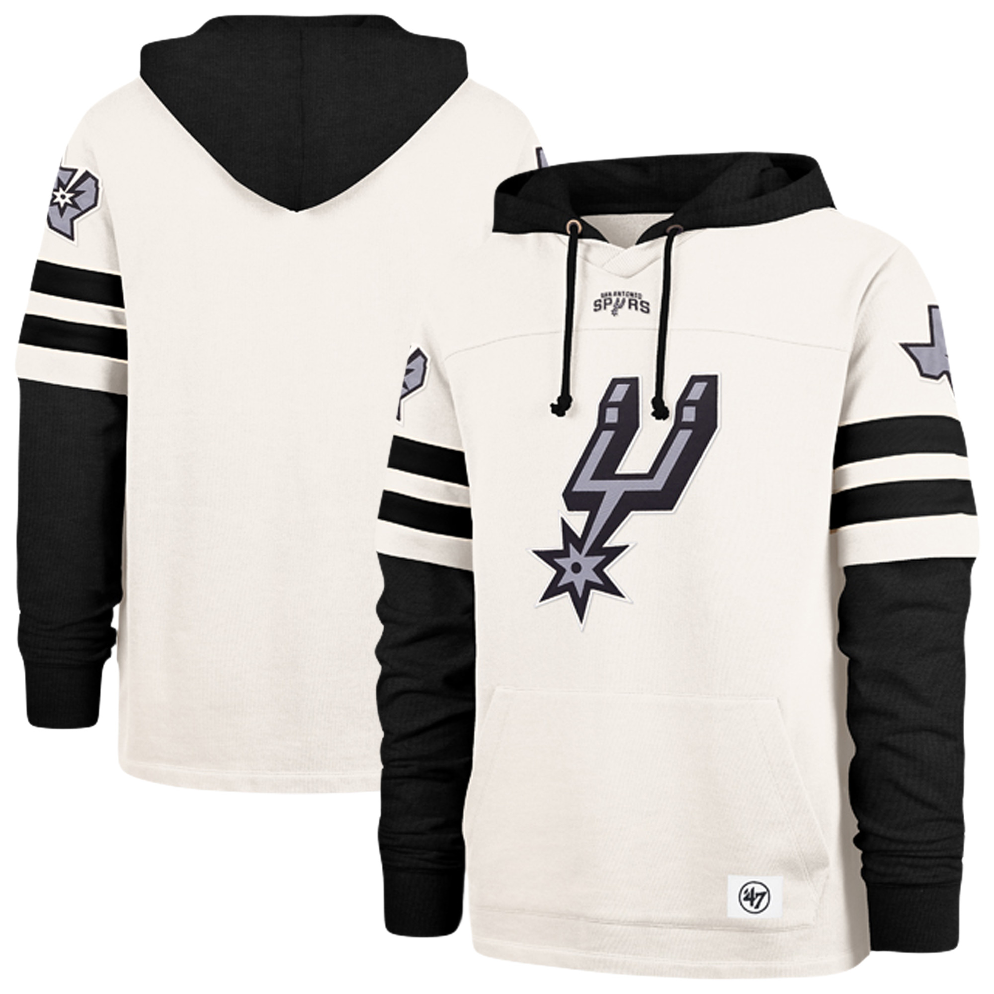 Men's '47 Cream/Black San Antonio Spurs Split Zone Cornerback Duo Fleece Hoodie
