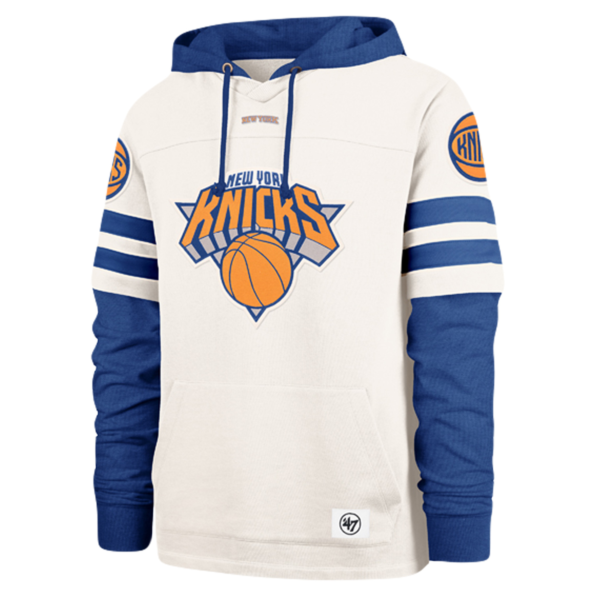 Men's '47  Cream/Blue New York Knicks Split Zone Cornerback Duo Fleece Hoodie