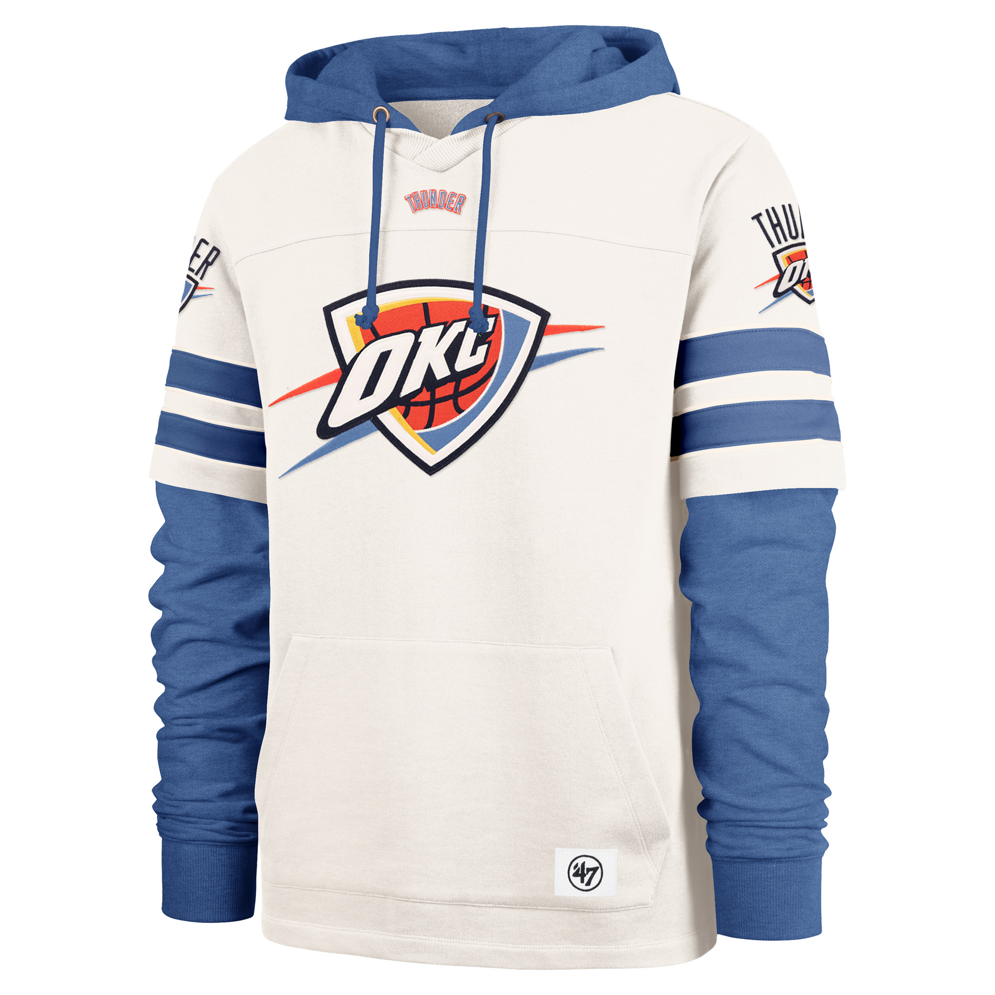 Men's '47  Cream/Blue Oklahoma City Thunder Split Zone Cornerback Duo Fleece Hoodie