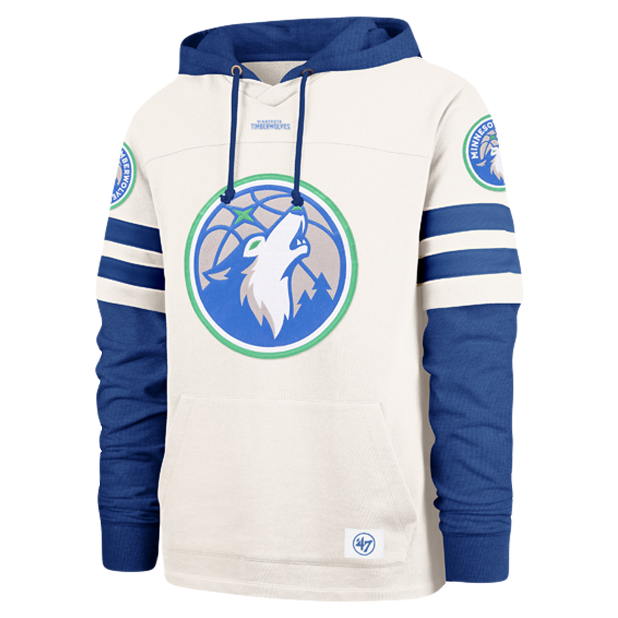 Men's '47  Cream/Blue Minnesota Timberwolves Split Zone Cornerback Duo Fleece Hoodie