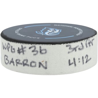 Morgan Barron Winnipeg Jets Game-Used Goal Puck vs. Utah Mammoth on December 21, 2025