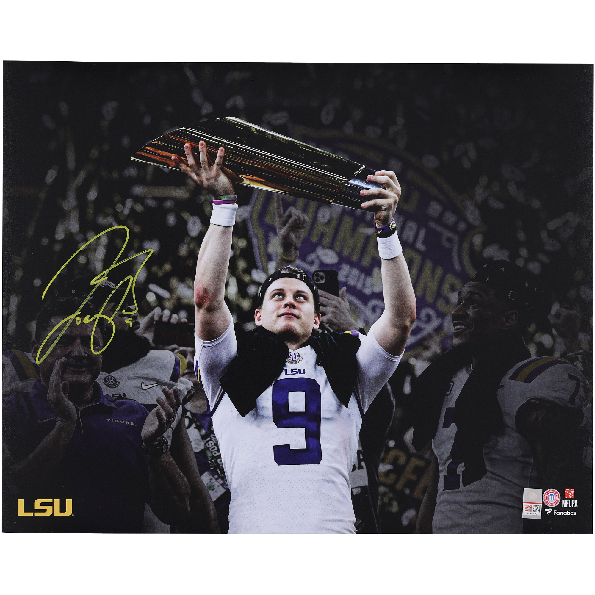 Joe Burrow LSU Tigers Autographed 16" x 20" Holding CFP Championship Trophy Spotlight Photograph