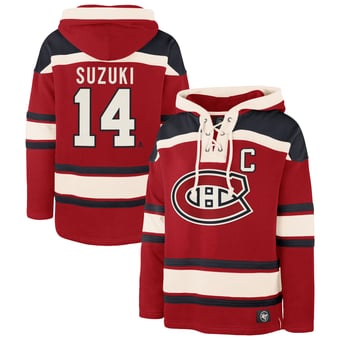 Men's '47 Nick Suzuki Red Montreal Canadiens Player Name & Number Lacer Hoodie