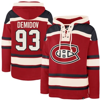 Men's '47 Ivan Demidov Red Montreal Canadiens Player Name & Number Lacer Hoodie