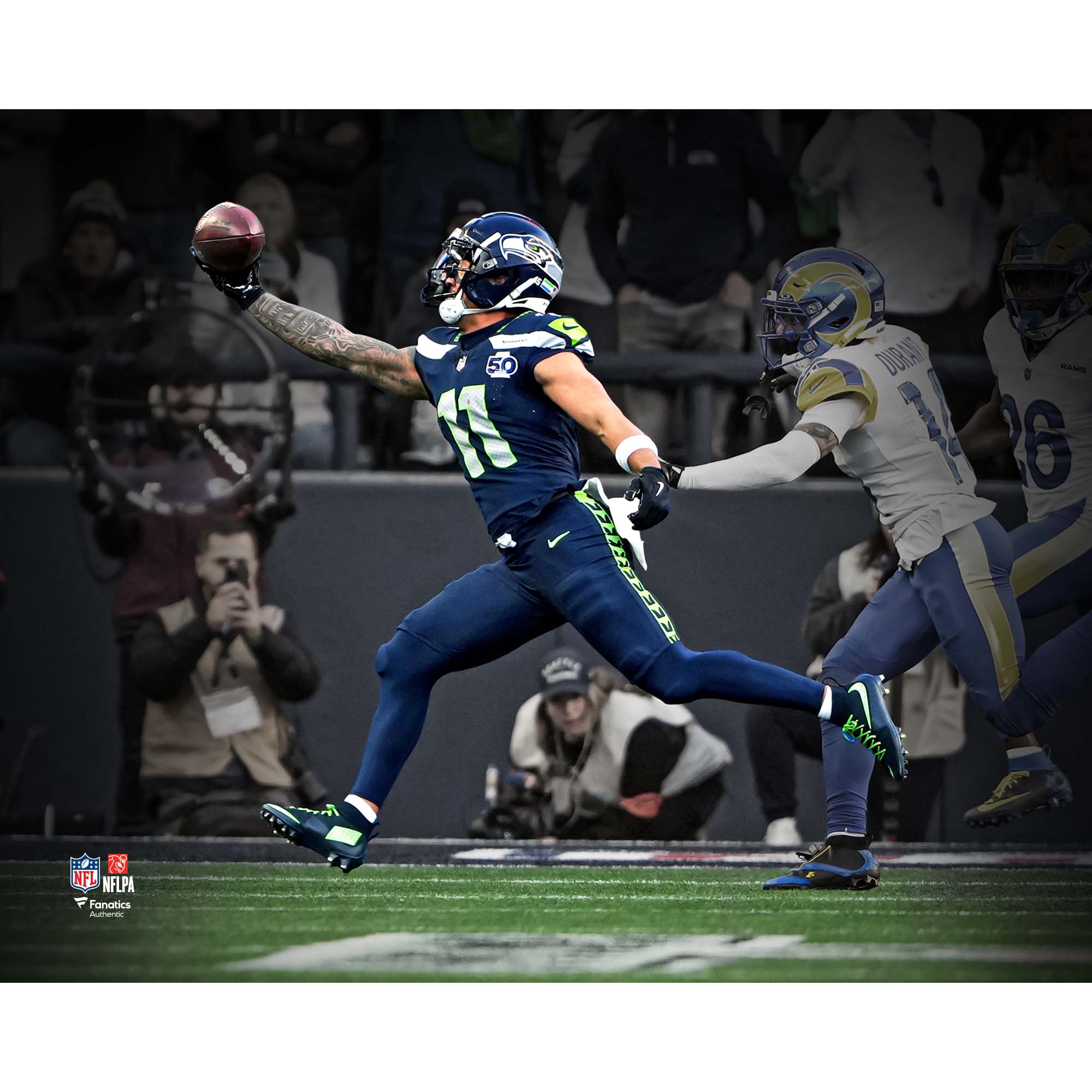 Jaxon Smith-Njigba Seattle Seahawks Unsigned 2025 NFC Championship One-Handed Touchdown Catch Spotlight Photograph