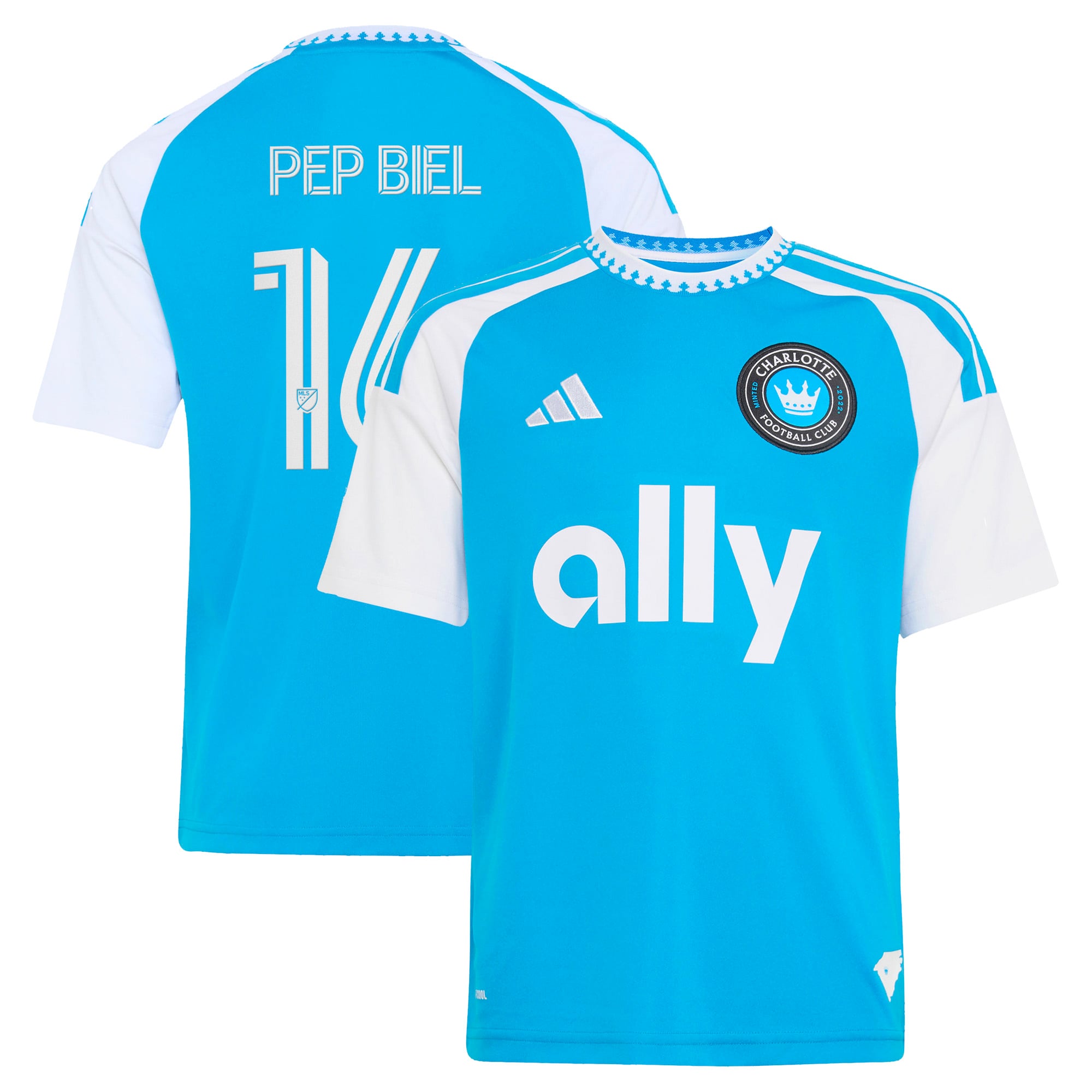 Youth adidas Pep Biel Blue Charlotte FC 2026 Carolina Kit: Crowns Up Replica Jersey