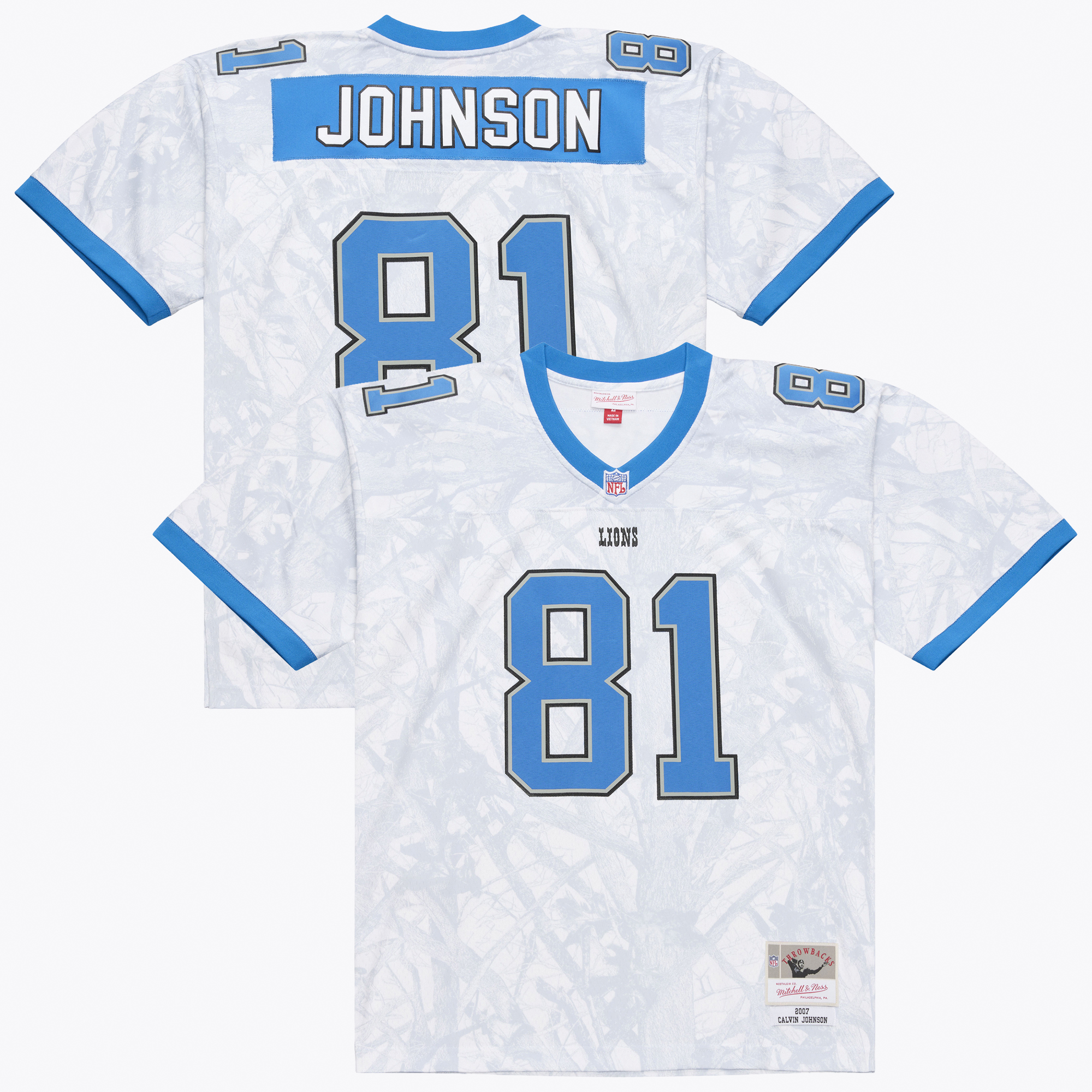 Men's Mitchell & Ness Calvin Johnson White Detroit Lions 2007 Ghosted Retired Player Jersey