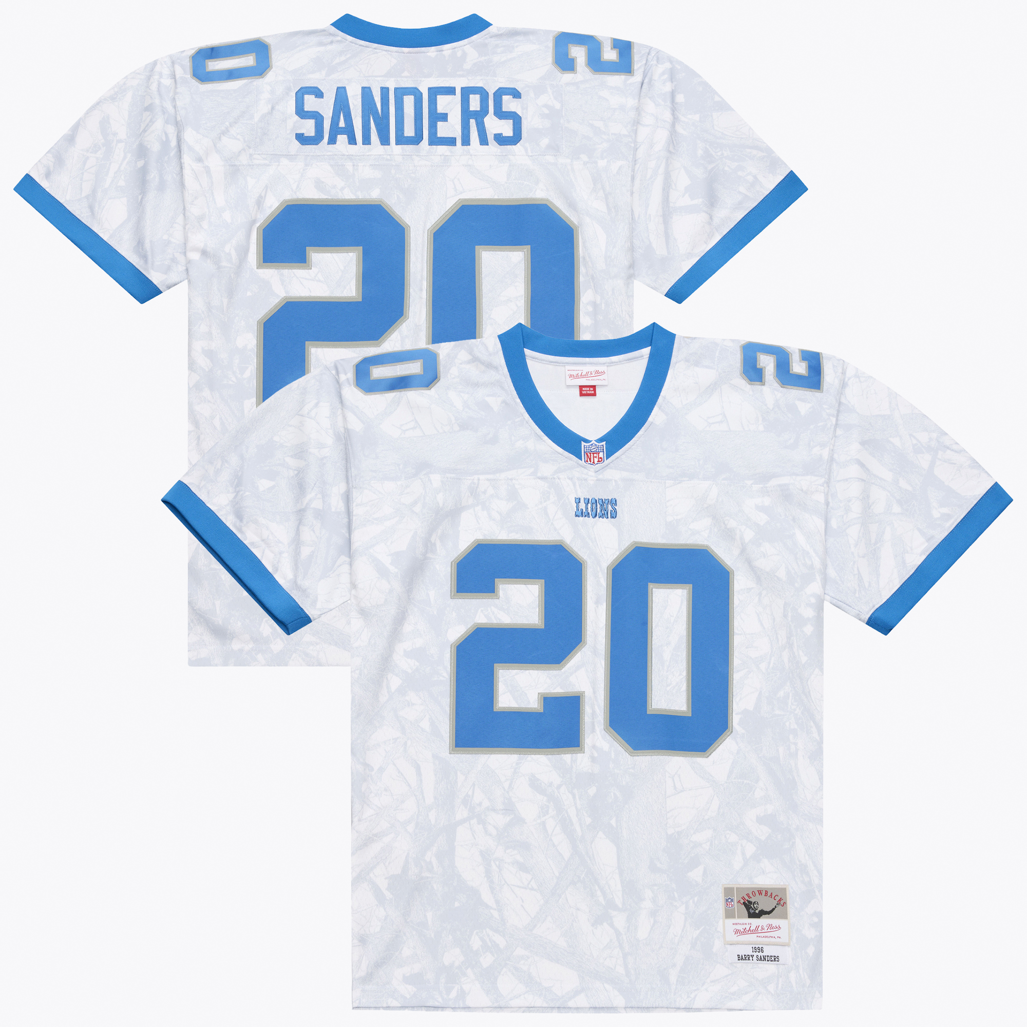 Men's Mitchell & Ness Barry Sanders White Detroit Lions 1996 Ghosted Retired Player Jersey