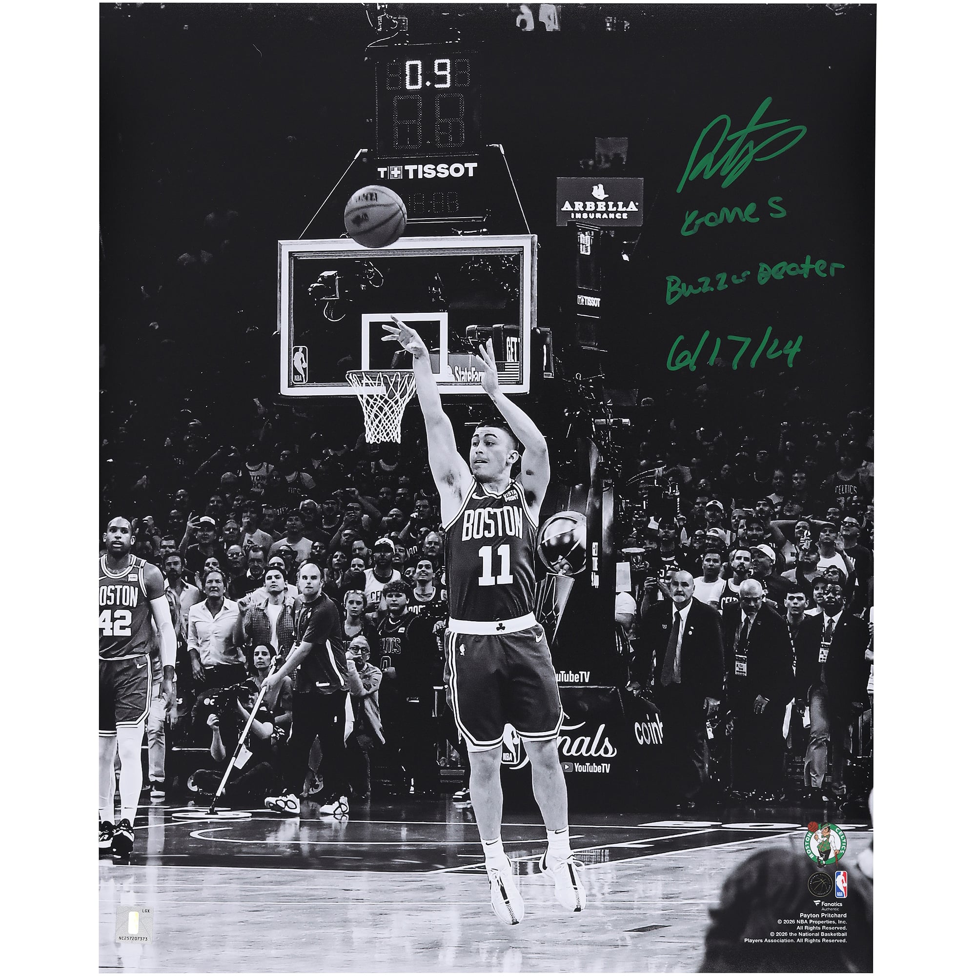 Payton Pritchard Boston Celtics Autographed 16" x 20" Black and White Game 5 Buzzer Beater Photograph with "Game 5 Buzzer Beater 6/17/24" Inscription