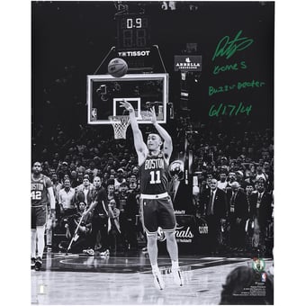 Payton Pritchard Boston Celtics Autographed 16" x 20" Black and White Game 5 Buzzer Beater Photograph with "Game 5 Buzzer Beater 6/17/24" Inscription