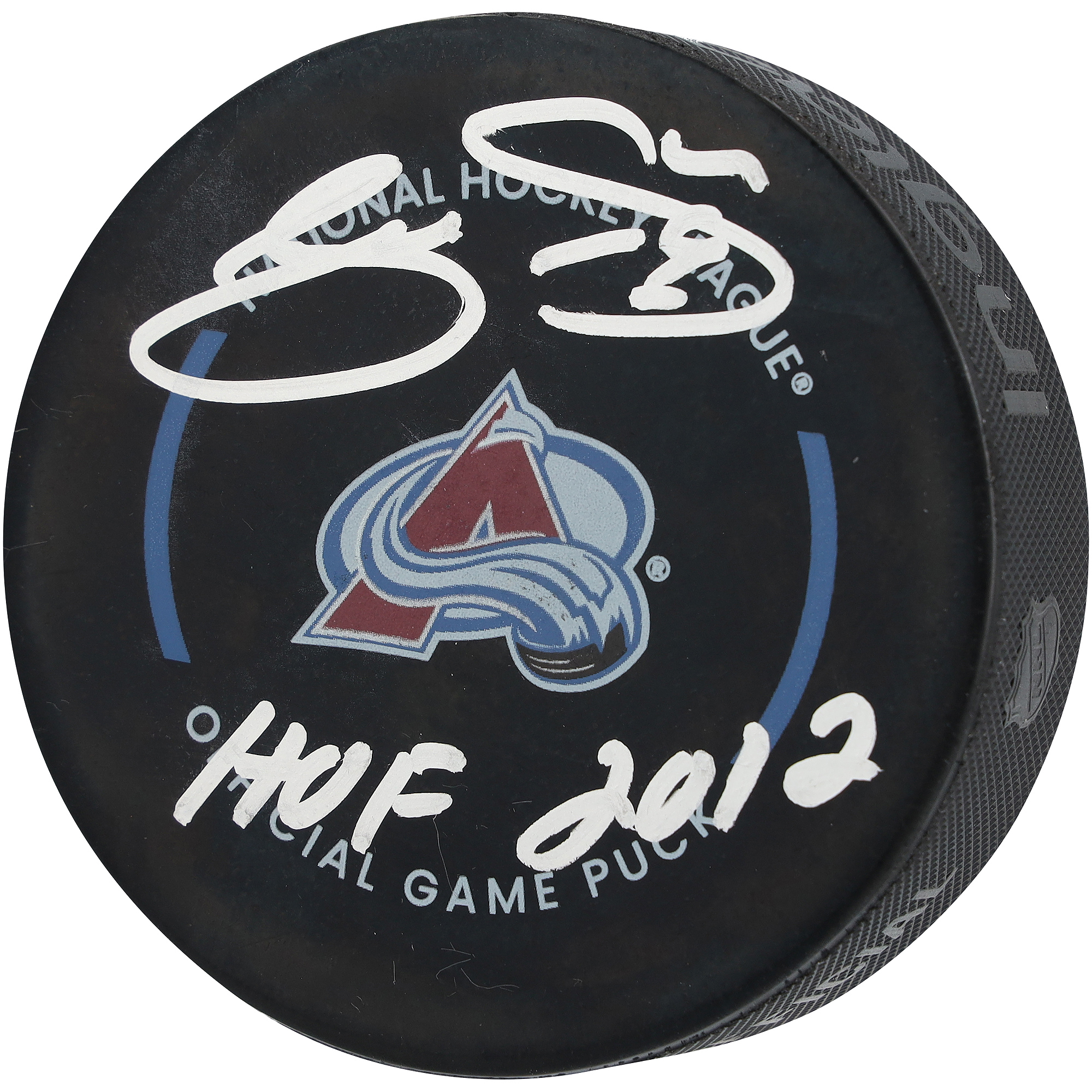 Joe Sakic Colorado Avalanche Autographed Official Game Puck with "HOF 2012" Inscription