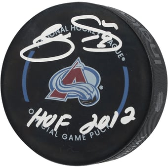 "Joe Sakic Colorado Avalanche Autographed Official Game Puck with ""HOF 2012"" Inscription"