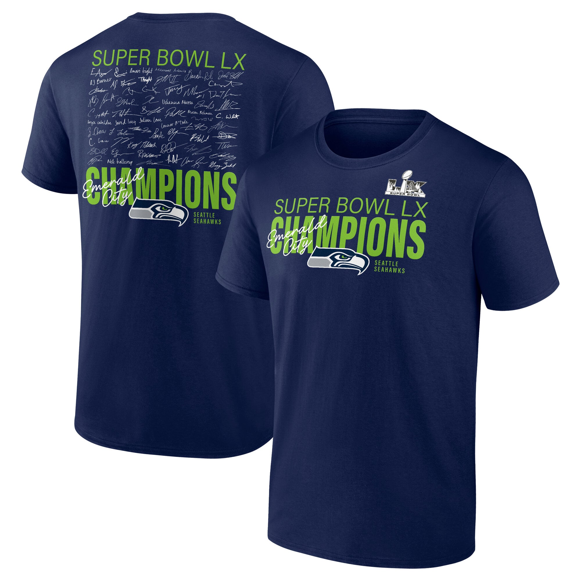 Seattle Seahawks LX Autograph Signing Super Bowl Champions T-Shirt - Navy - Mens