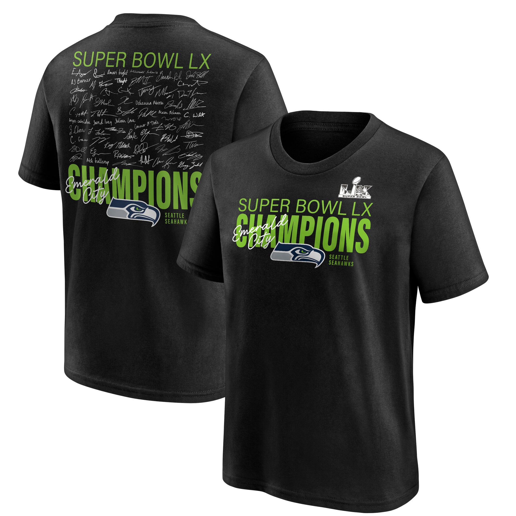 Seattle Seahawks LX Autograph Signing Super Bowl Champions T-Shirt – Black – Youth