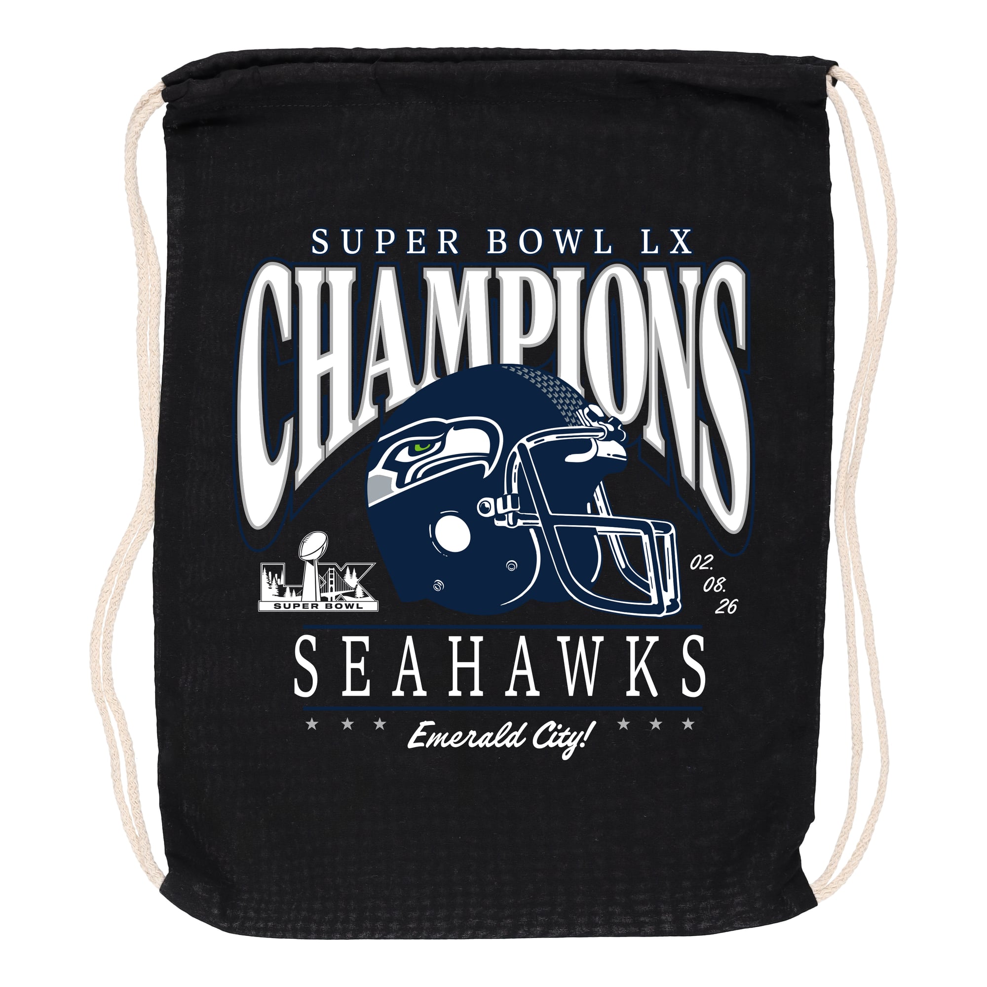 Sac à cordon 100 % coton Seattle Seahawks, Super Bowl LX – Noir
