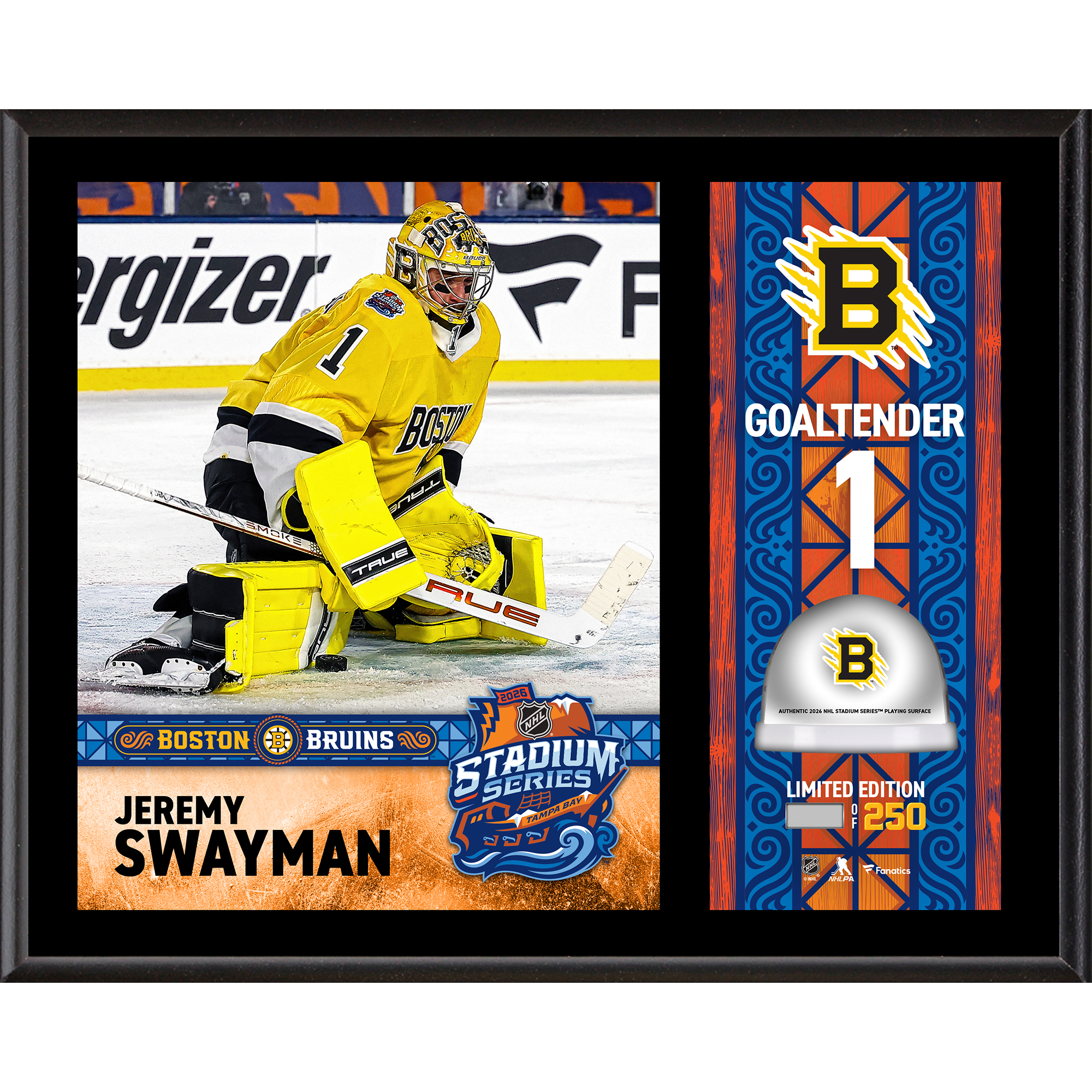 Jeremy Swayman Boston Bruins 2026 NHL Stadium Series 12" x 15" Sublimated Plaque with Game-Used Ice - Limited Edition of 250