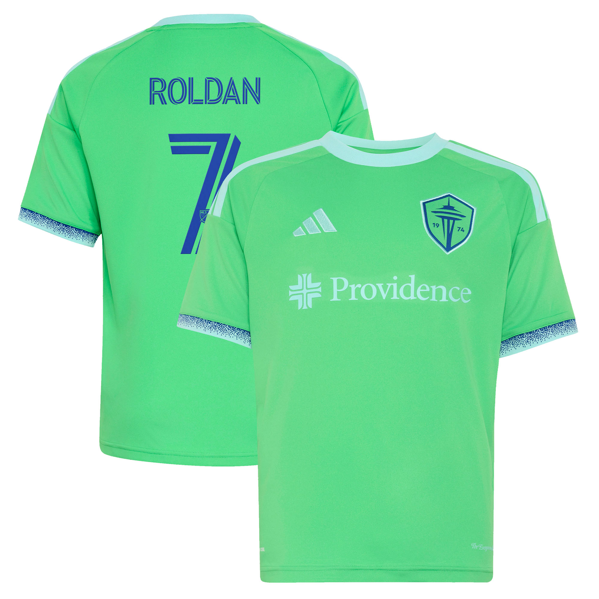 Youth adidas Cristian Roldan Rave Green Seattle Sounders FC The Evergreen State Kit Replica Jersey
