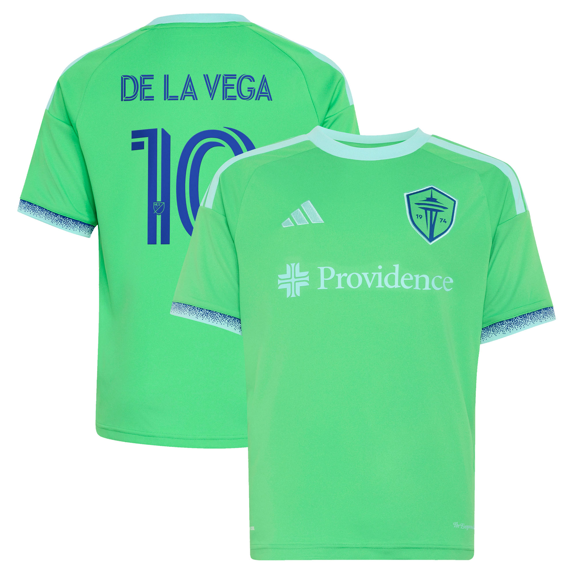 Youth adidas Pedro de la Vega Rave Green Seattle Sounders FC The Evergreen State Kit Replica Jersey