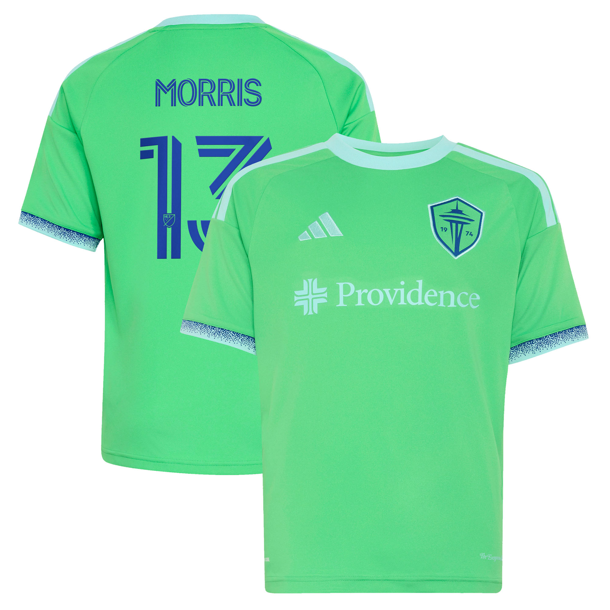 Youth adidas Jordan Morris Rave Green Seattle Sounders FC The Evergreen State Kit Replica Jersey