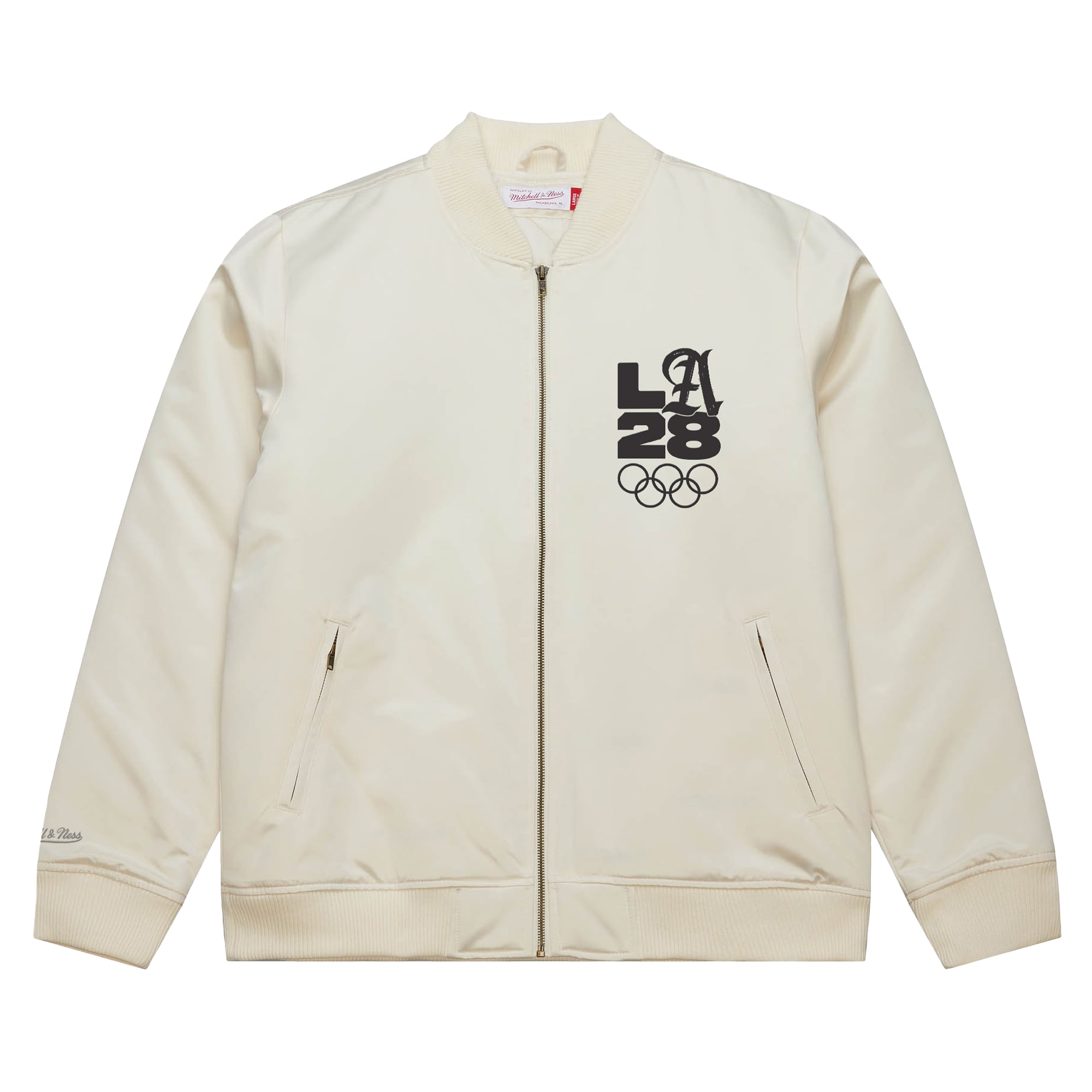 Men's Mitchell & Ness Cream LA28 Summer Olympics Satin Bomber Full-Zip Jacket