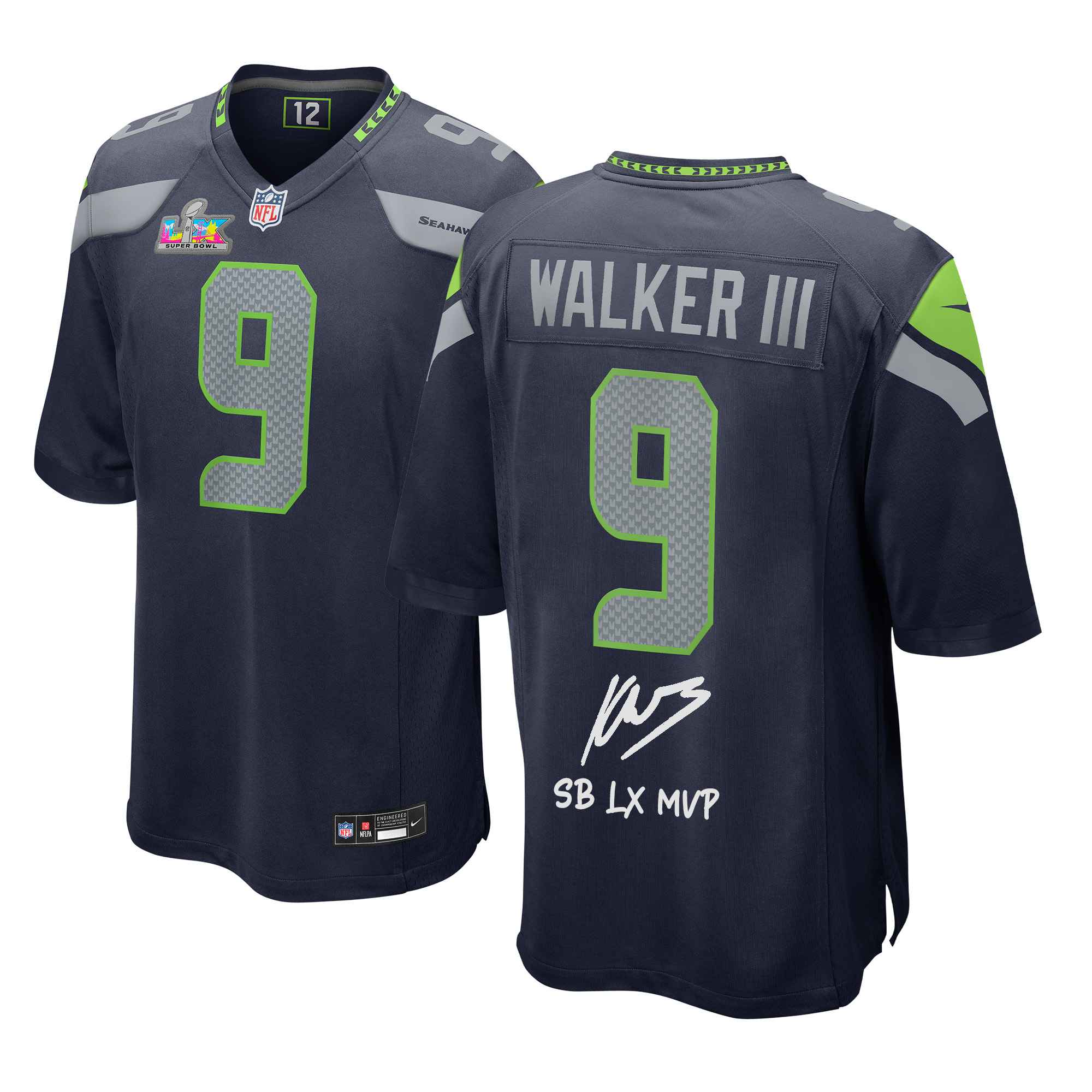 Kenneth Walker III Seattle Seahawks Autographed Super Bowl LX Champions College Navy Nike Game Jersey with "SB LX MVP" Inscription