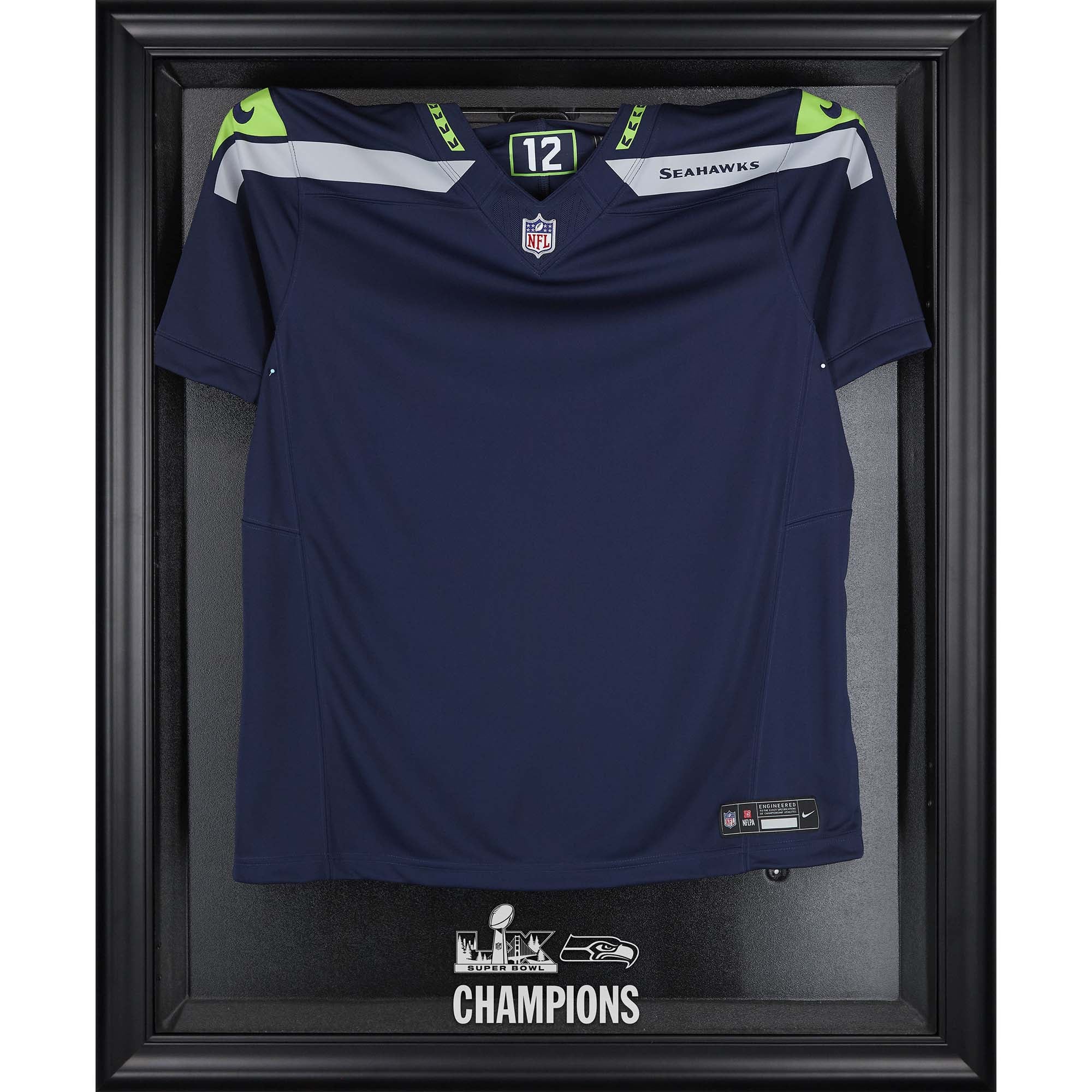 Vitrina con el logotipo de la camiseta de los Seattle Seahawks Super Bowl LX Champions enmarcada en negro