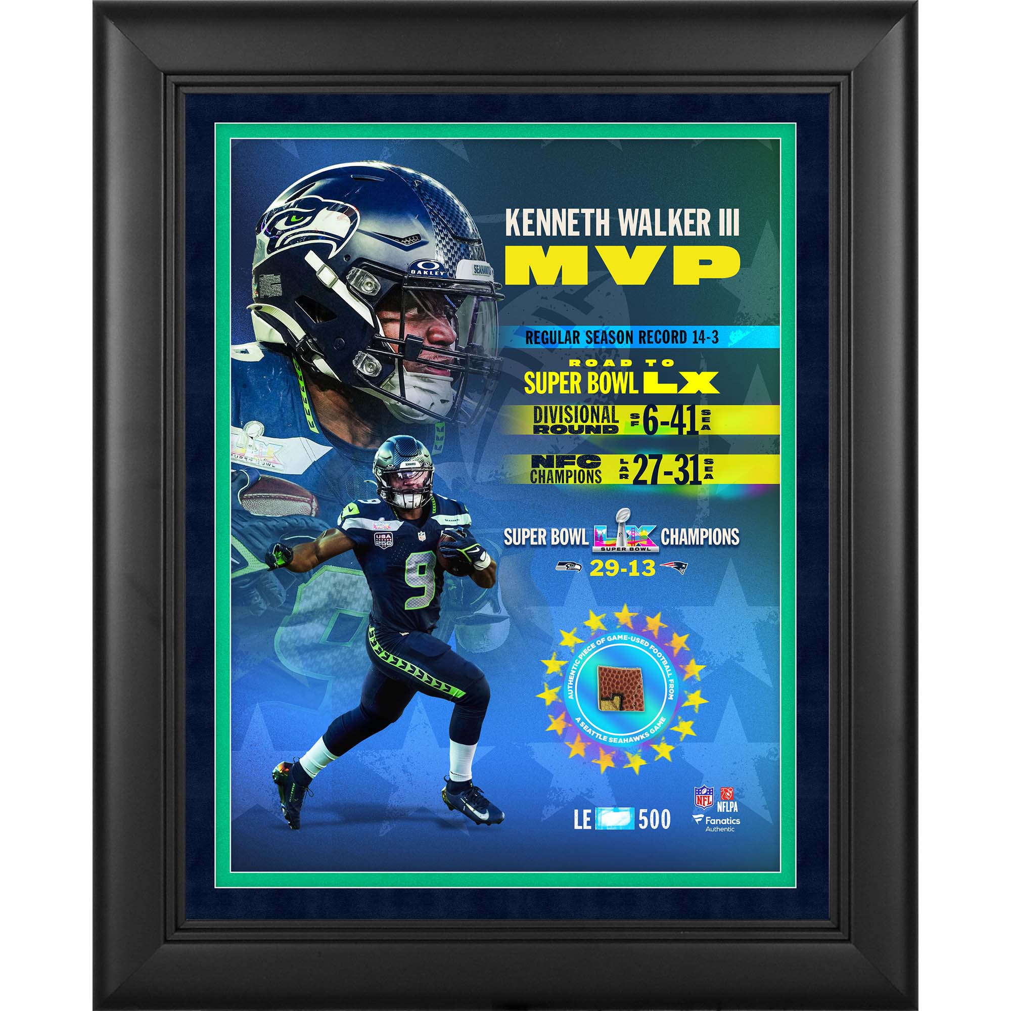 Kenneth Walker III Seattle Seahawks Facsimile Signature Super Bowl LX Champions Framed 13" x 16" MVP Collage with a Piece of Game-Used Football - Limited Edition of 500