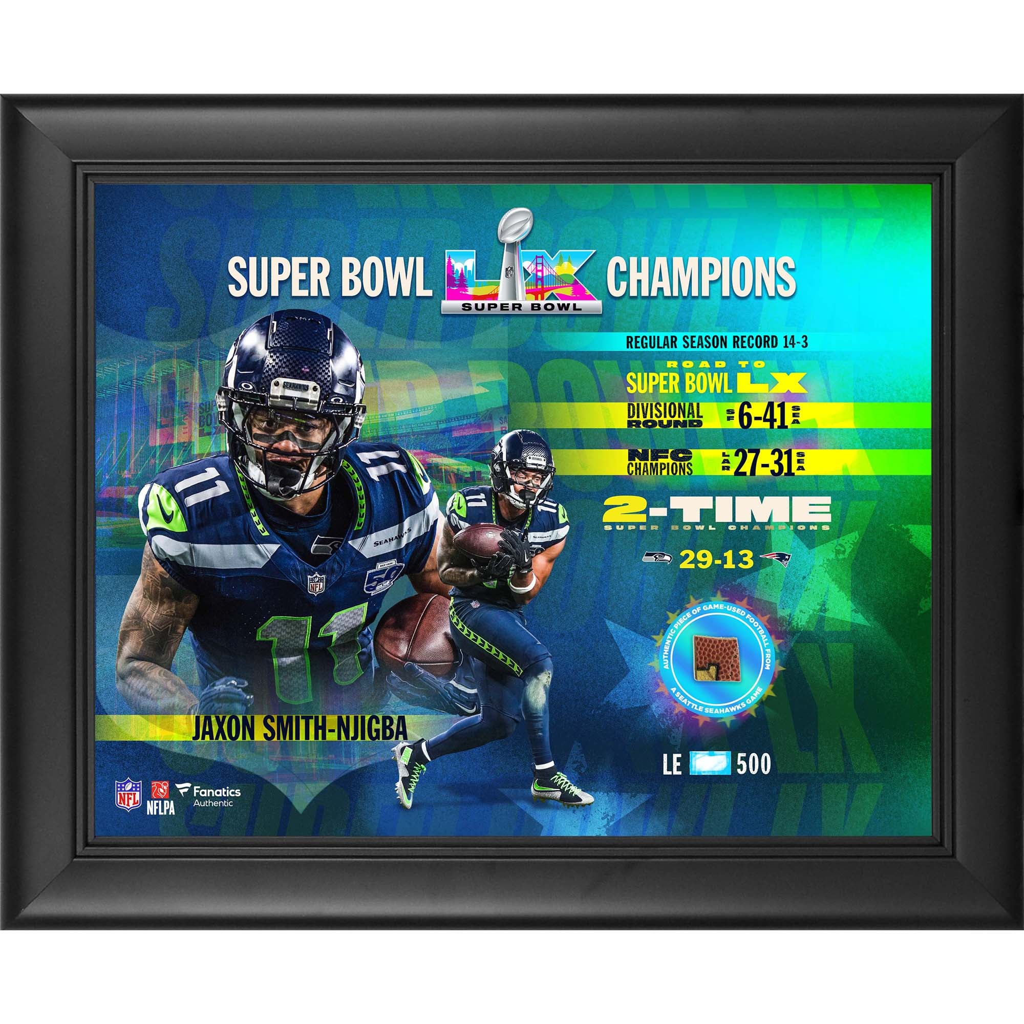 Jaxon Smith-Njigba Seattle Seahawks Super Bowl LX Champions Framed 13" x 16" Collage with a Piece of Game-Used Football - Limited Edition of 500