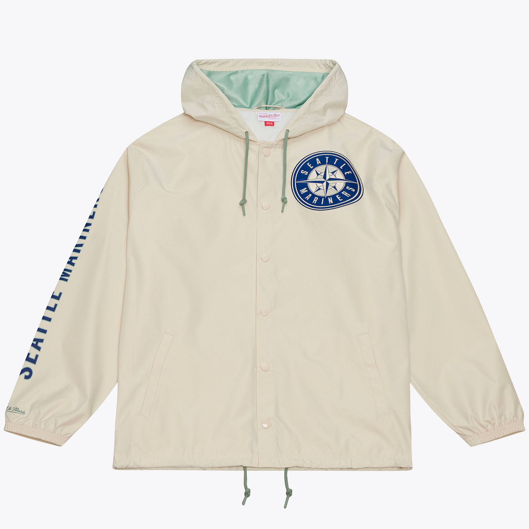 Men's Mitchell & Ness Ichiro Suzuki Cream Seattle Mariners Full-Snap Yacht Rock Name & Number Hooded Coach's Jacket