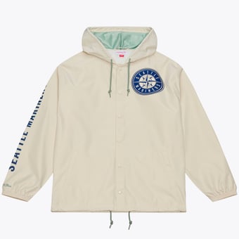 Men's Mitchell & Ness Ichiro Suzuki Cream Seattle Mariners Full-Snap Yacht Rock Name & Number Hooded Coach's Jacket