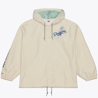 Men's Mitchell & Ness Fernando Valenzuela Cream Los Angeles Dodgers Full-Snap Yacht Rock Name & Number Hooded Coach's Jacket