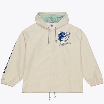 Men's Mitchell & Ness Cal Ripken Jr. Cream Baltimore Orioles Full-Snap Yacht Rock Name & Number Hooded Coach's Jacket
