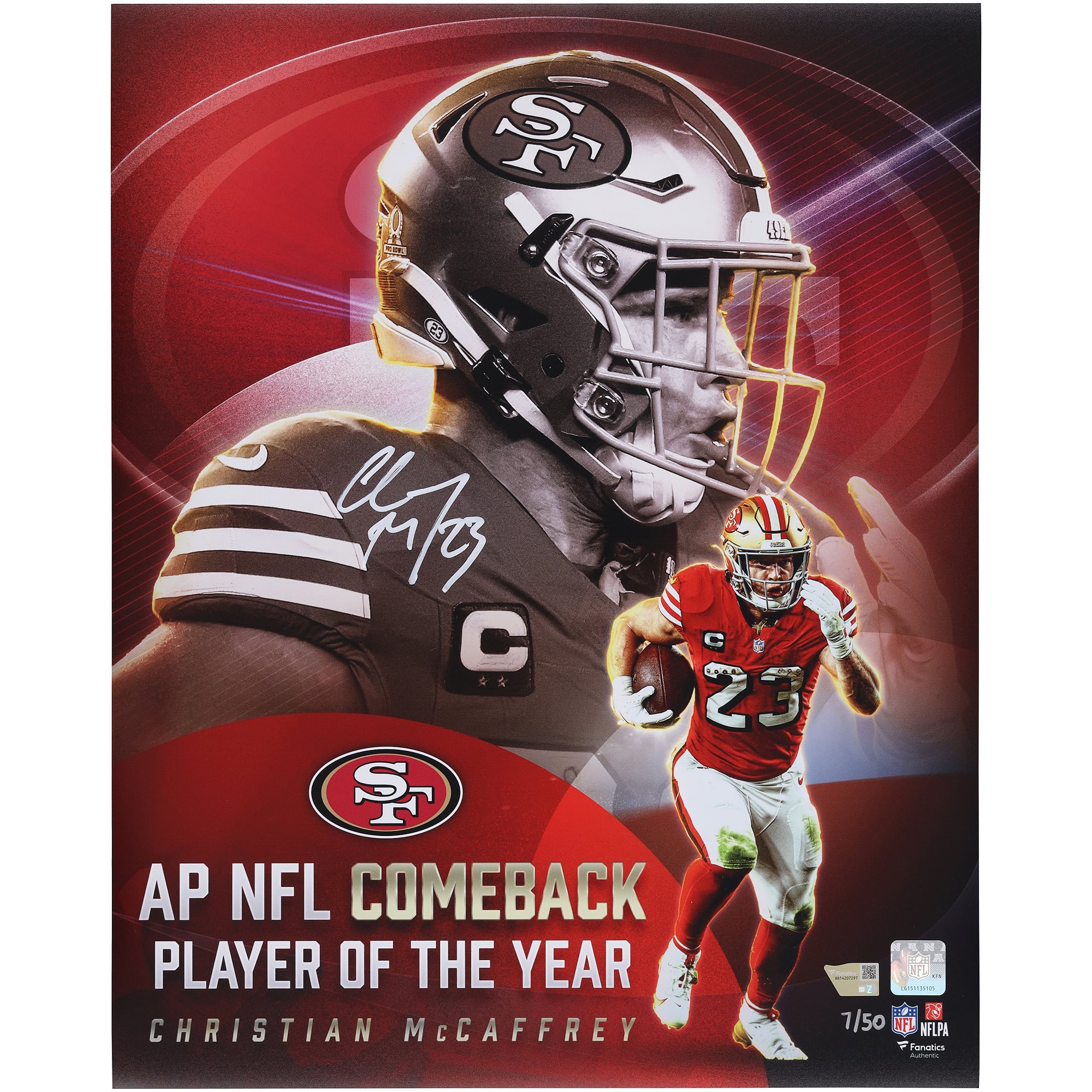Christian McCaffrey San Francisco 49ers Autographed 16" x 20" 2025 NFL Comeback Player of the Year Collage Photograph - Limited Edition of 50