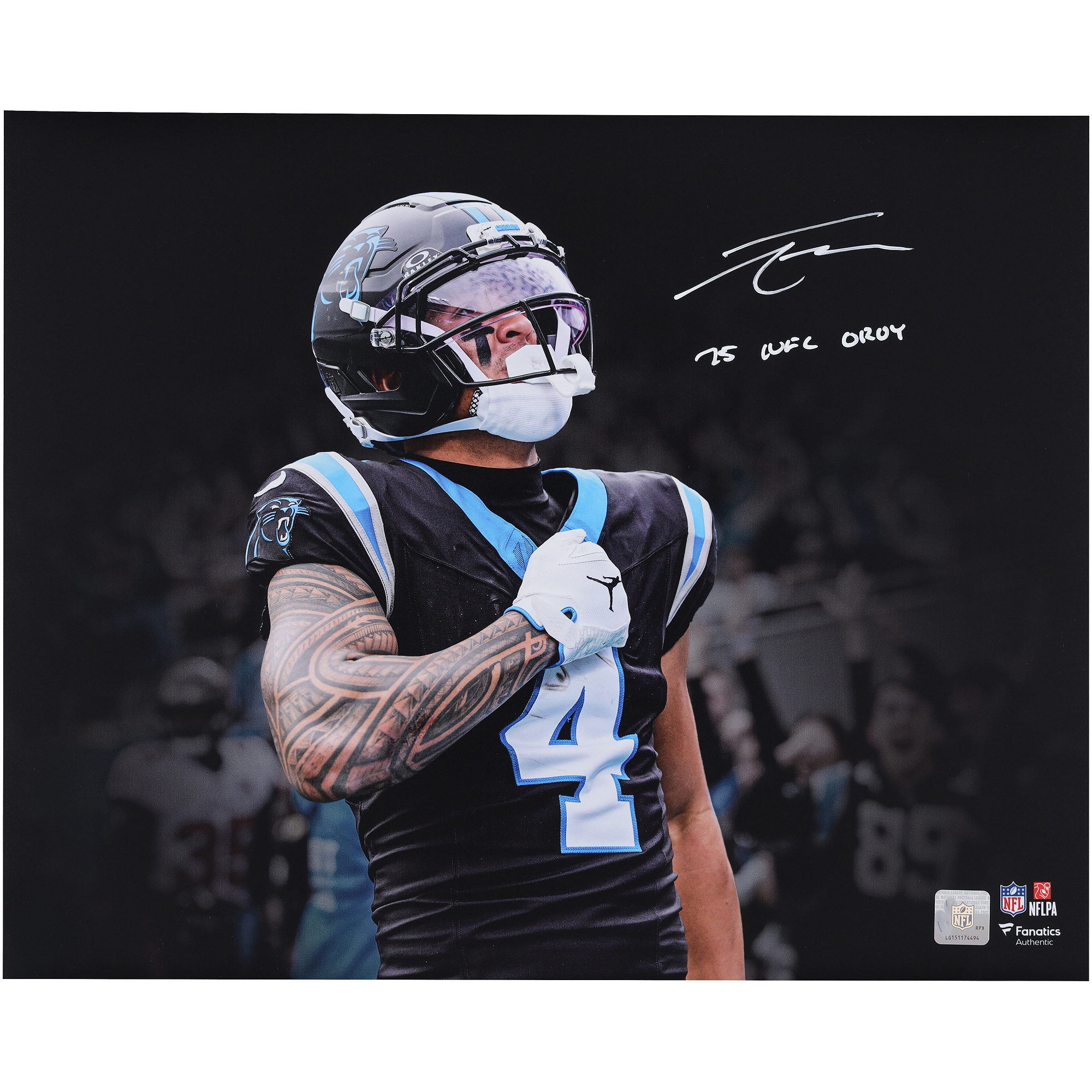 Tetairoa McMillan Carolina Panthers Autographed 16" x 20" Celebration Spotlight Photograph with "25 NFL OROY" Inscription