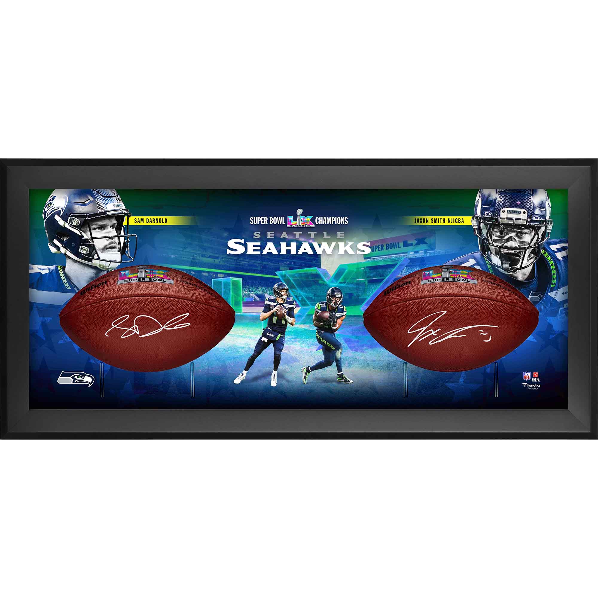 Sam Darnold & Jaxon Smith-Njigba Seattle Seahawks Autographed Super Bowl LX Champions Framed Two Football Shadowbox