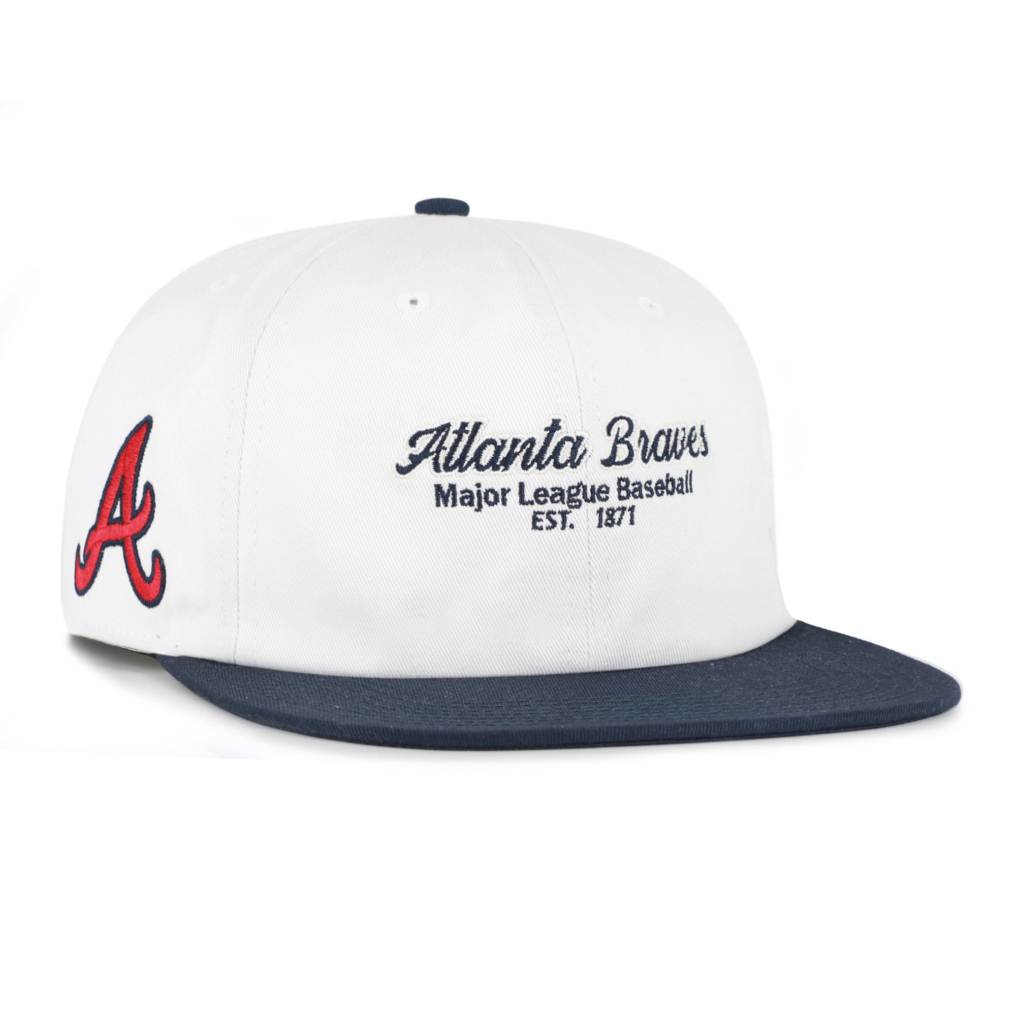 Men's '47 White/Navy Atlanta Braves Script Stack Relaxed Captain Snapback