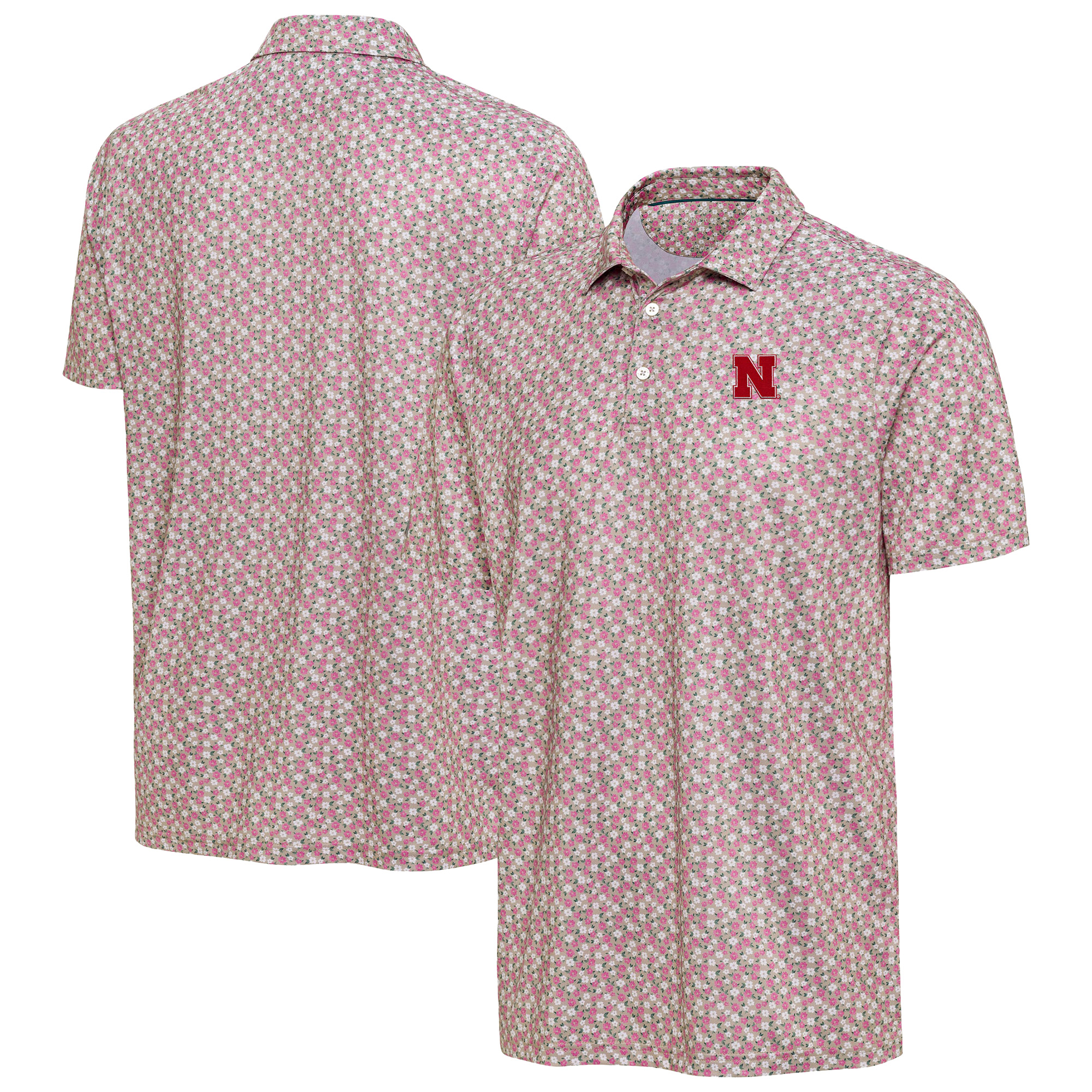 Men’s Antigua Pink Nebraska Huskers Desert Dry Dogwood Polo