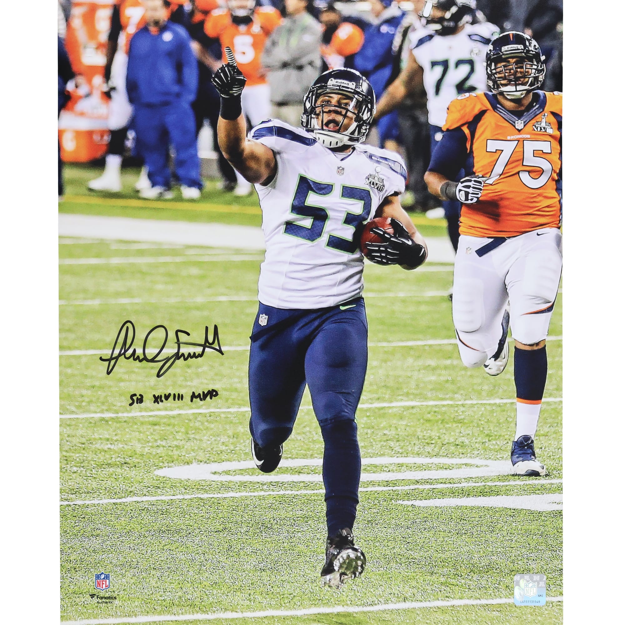 Malcolm Smith Seattle Seahawks Autographed 16" x 20" Super Bowl XLVIII Interception Photograph with "SB XLVIII MVP" Inscription