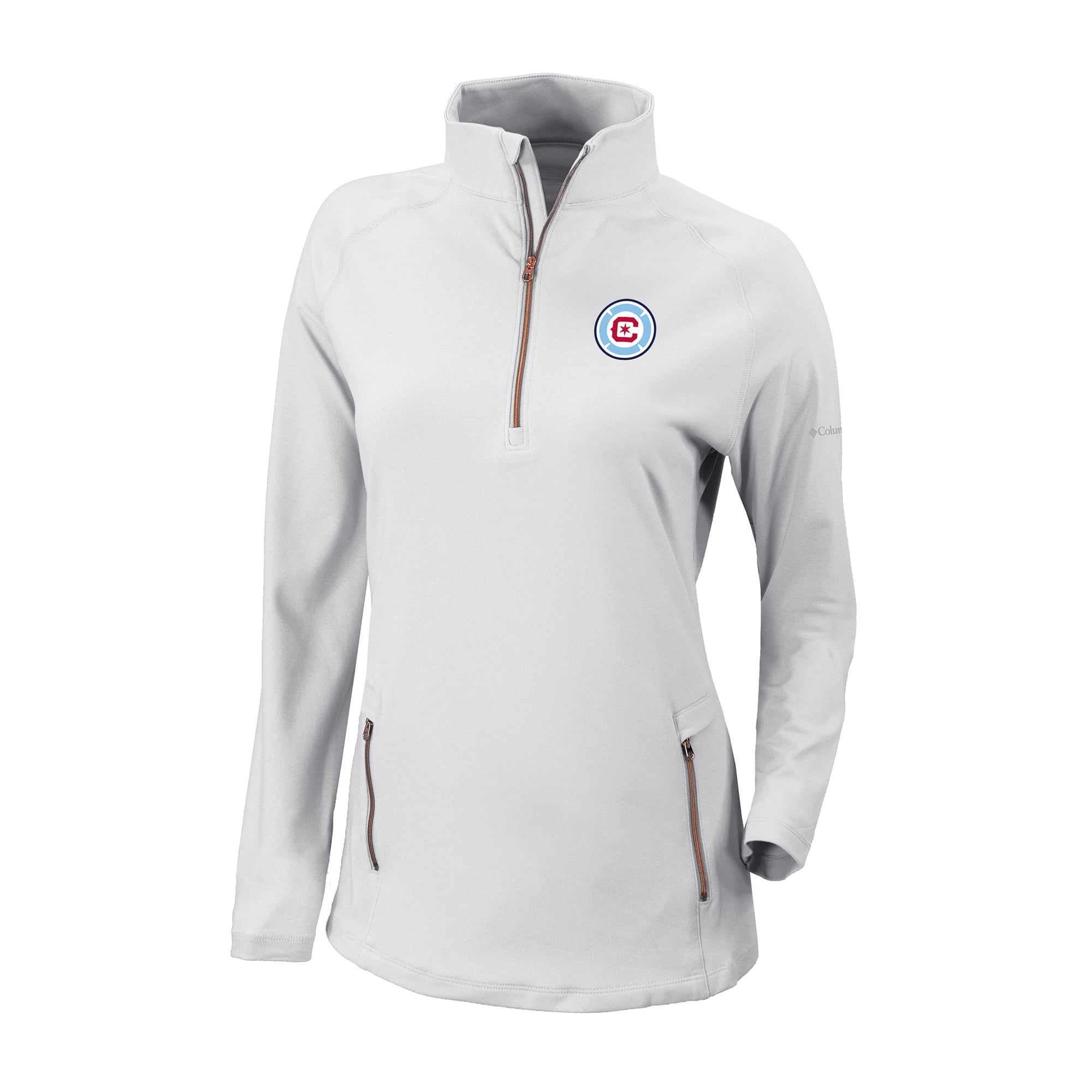 Women's Columbia White Chicago Fire Outward Nine Omni-Wick Quarter-Zip Pullover