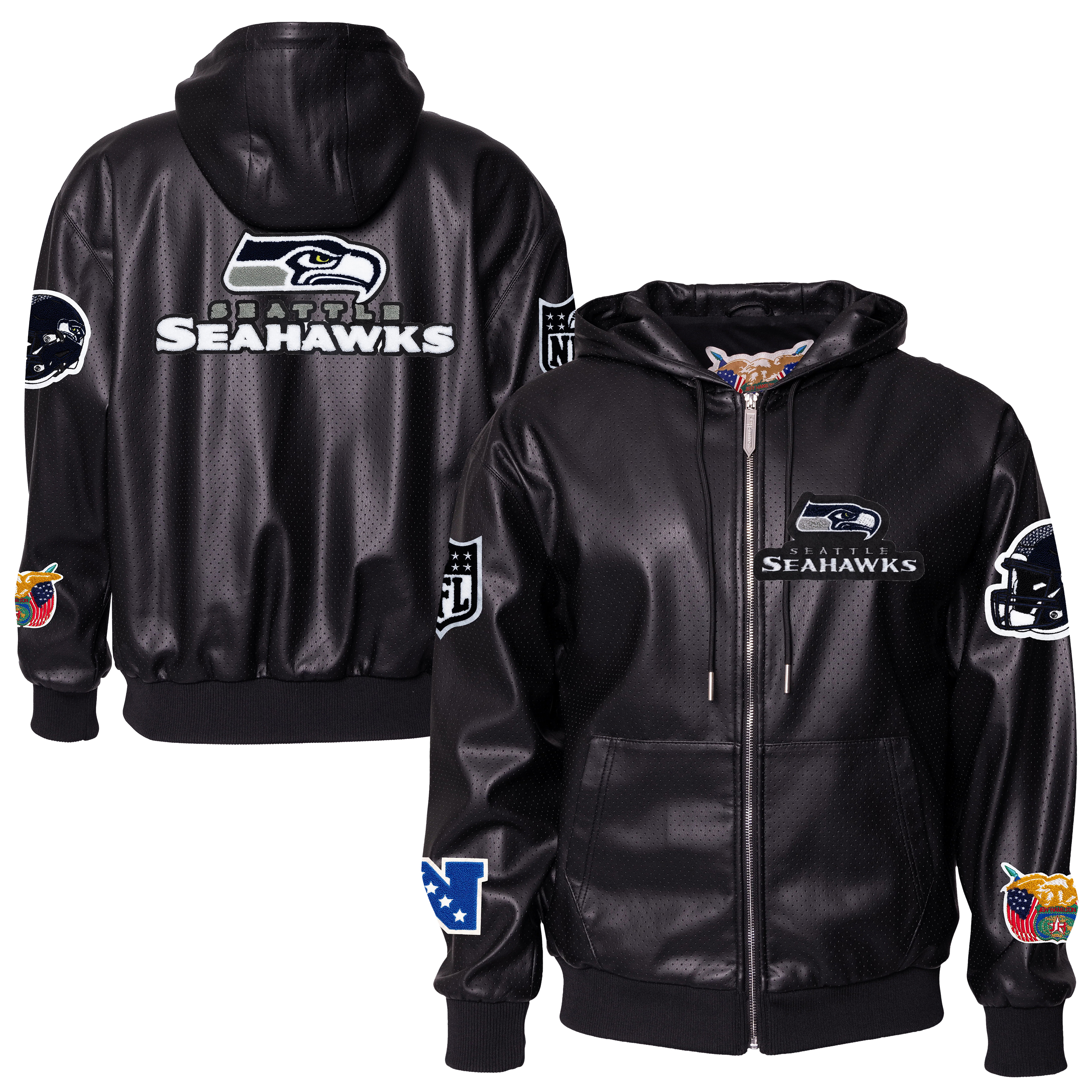 Men's Jeff Hamilton Black Seattle Seahawks Vegan Leather Full-Zip Hooded Jacket