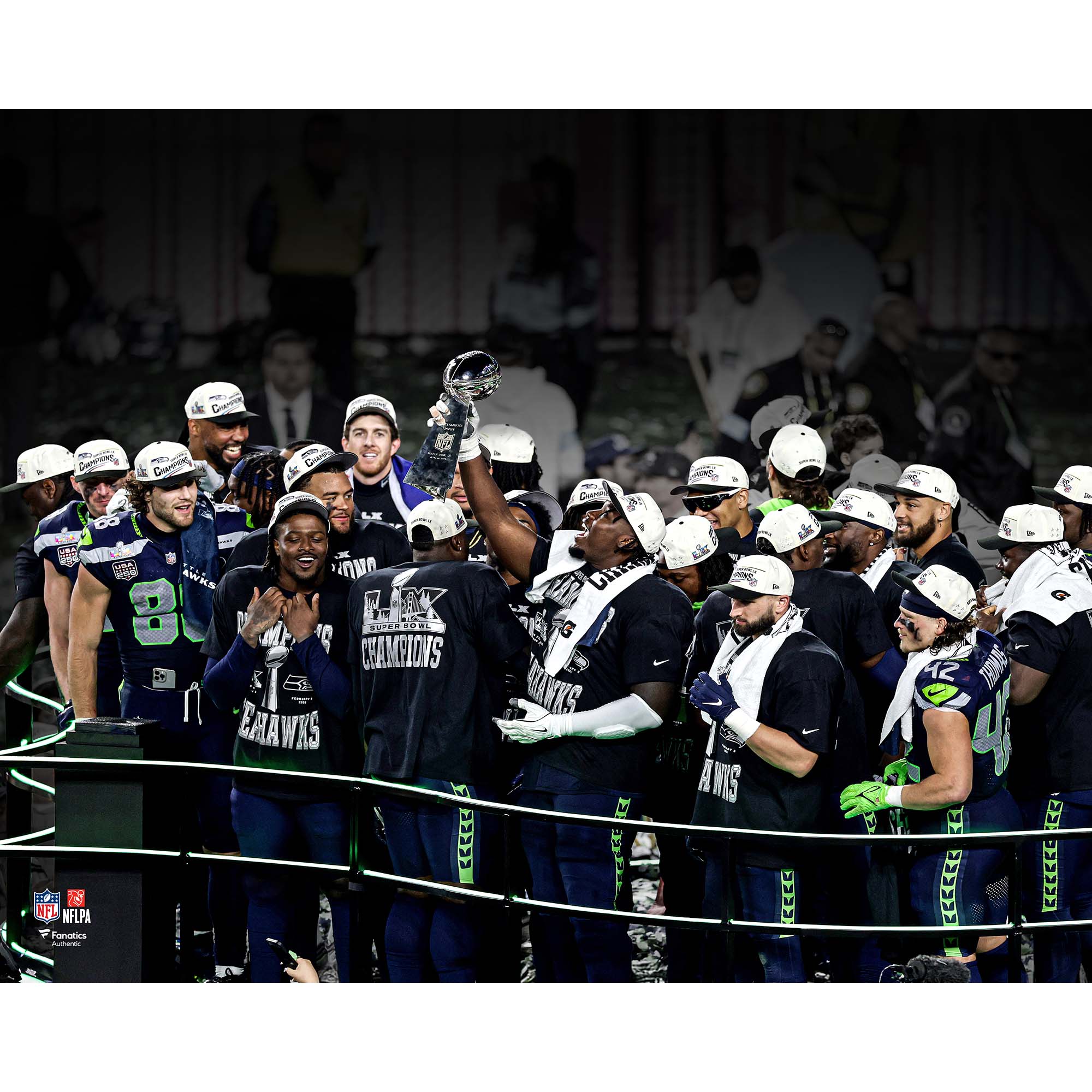 Seattle Seahawks Unsigned Super Bowl LX Champions Celebration Spotlight Photograph