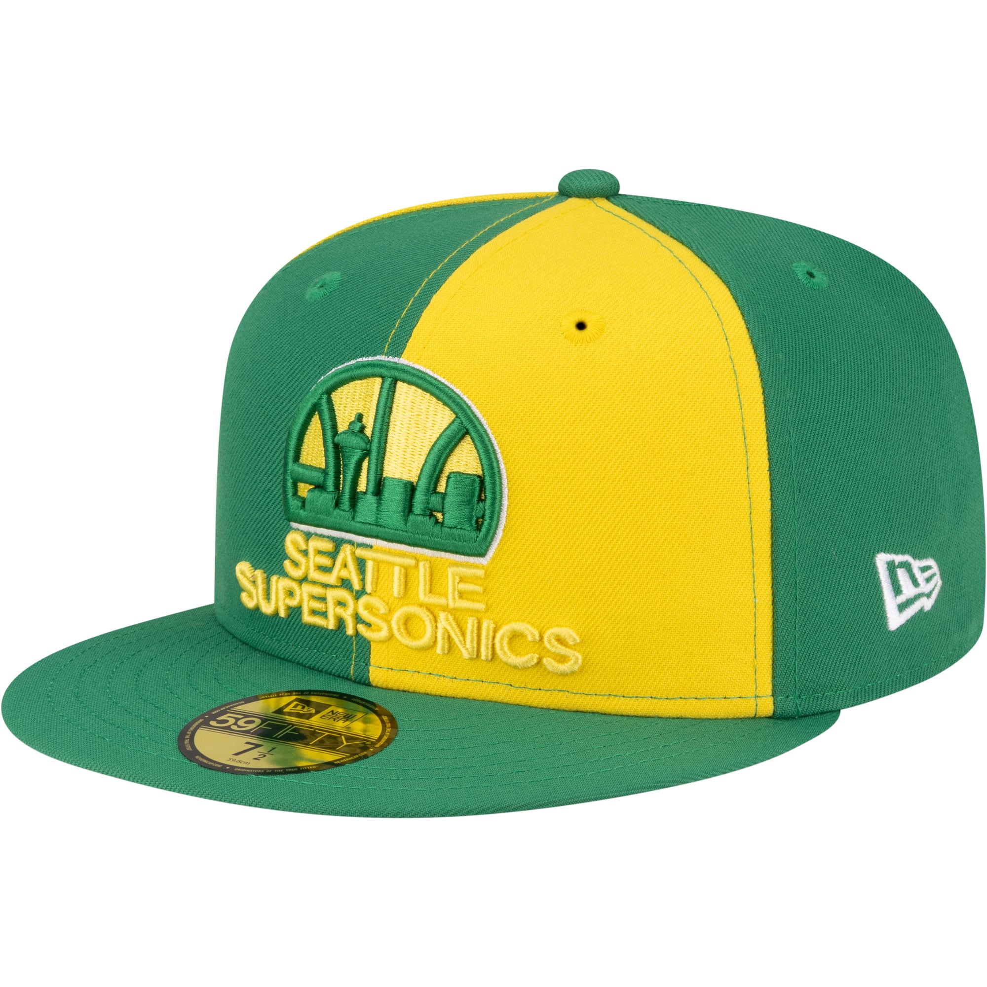 Men's New Era  Gold/Green Seattle SuperSonics 80s Throwback Pinwheel 59FIFTY Fitted Hat