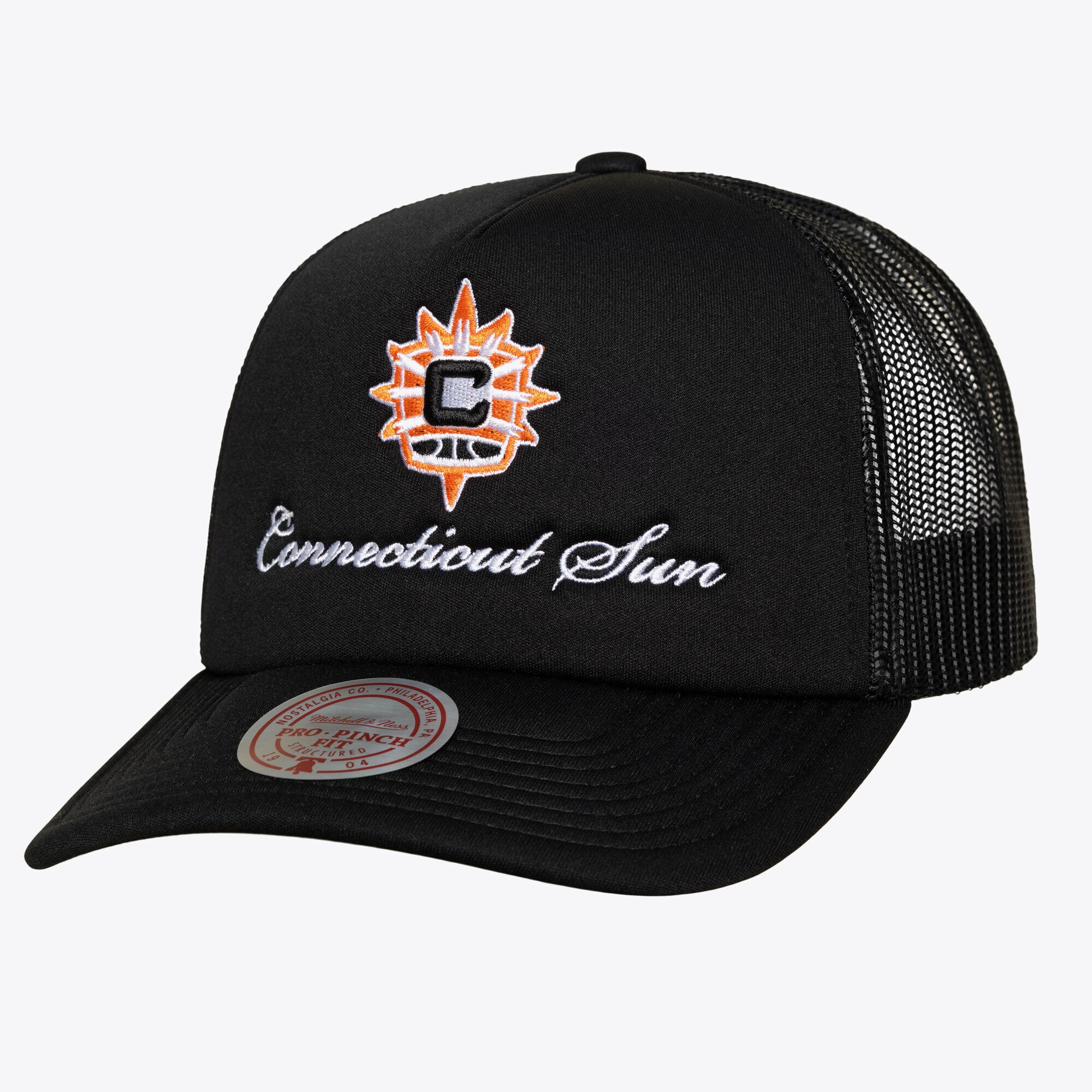 Unisex Mitchell & Ness Black Connecticut Sun Script Pro Pinch Adjustable Trucker Hat