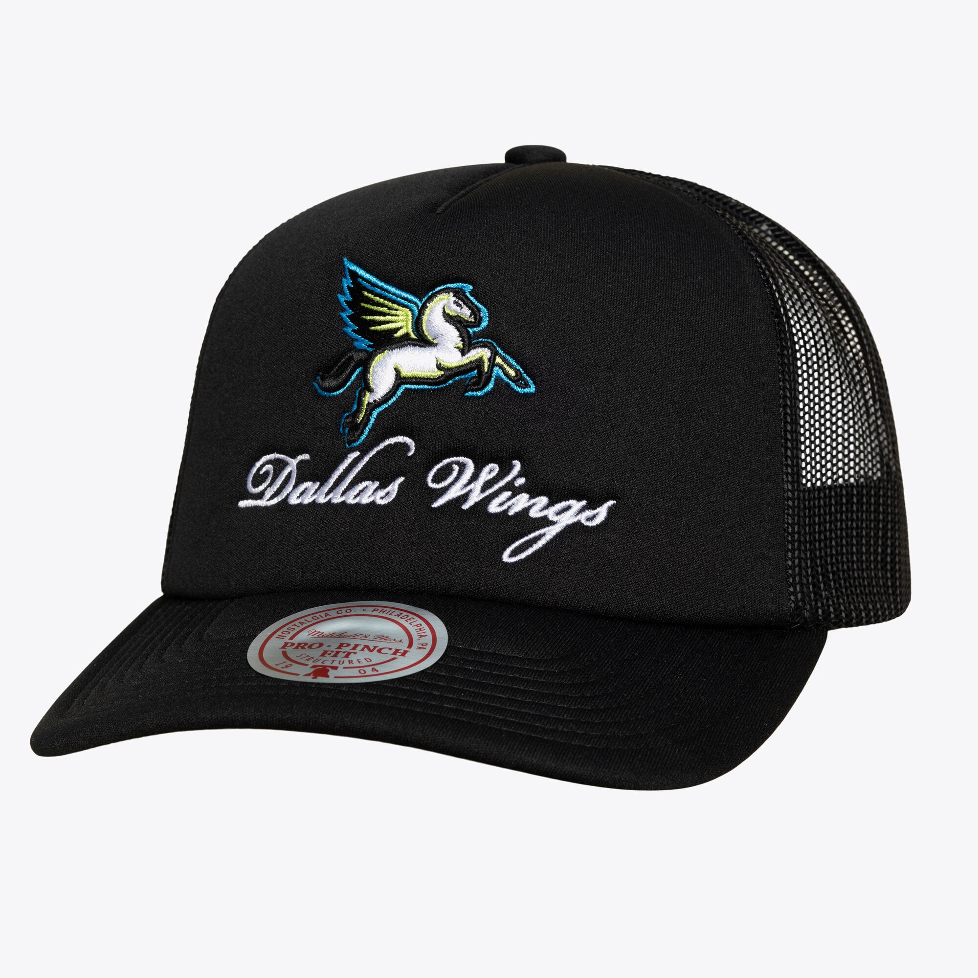 Unisex Mitchell & Ness Black Dallas Wings Script Pro Pinch Adjustable Trucker Hat