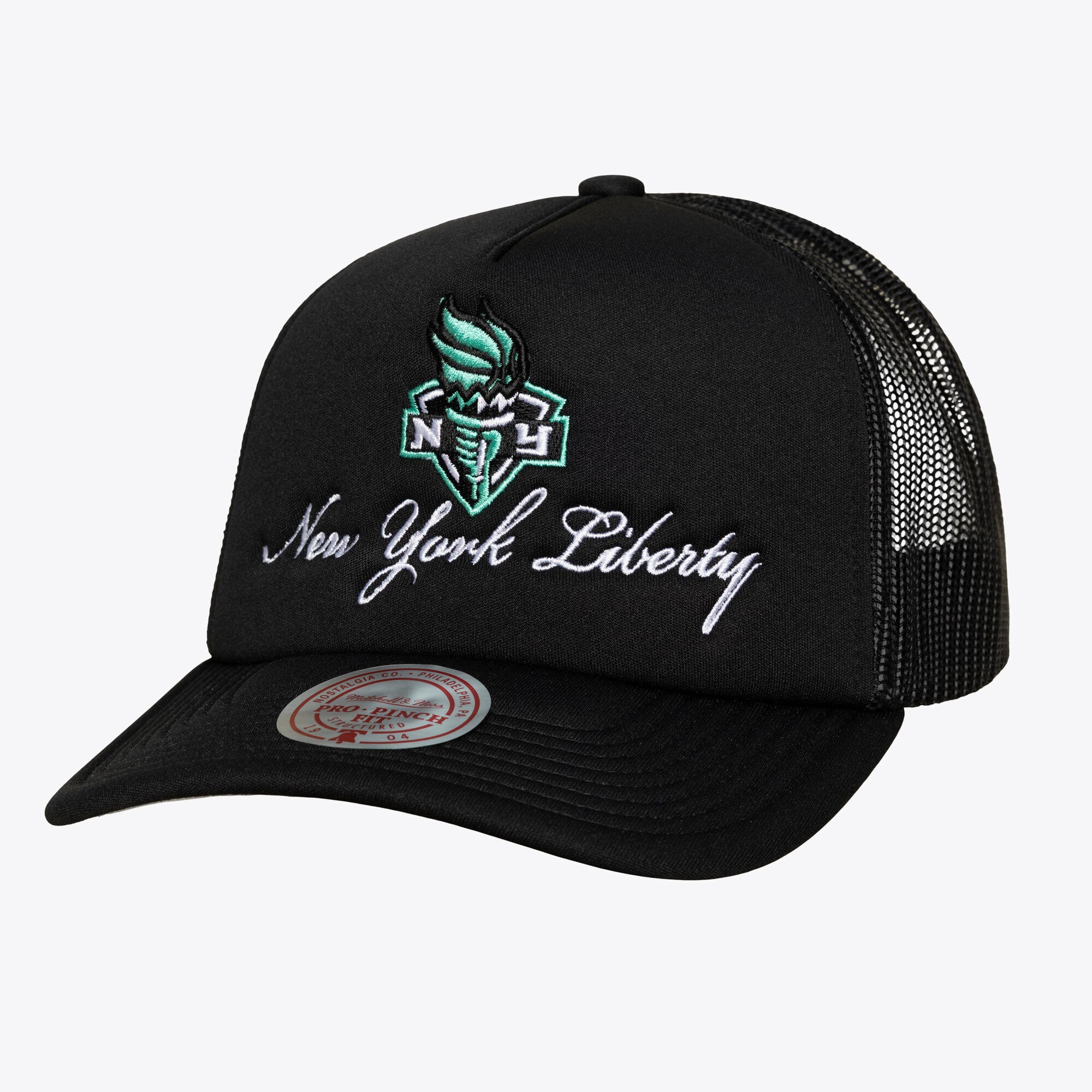 Unisex Mitchell & Ness Black New York Liberty Script Pro Pinch Adjustable Trucker Hat