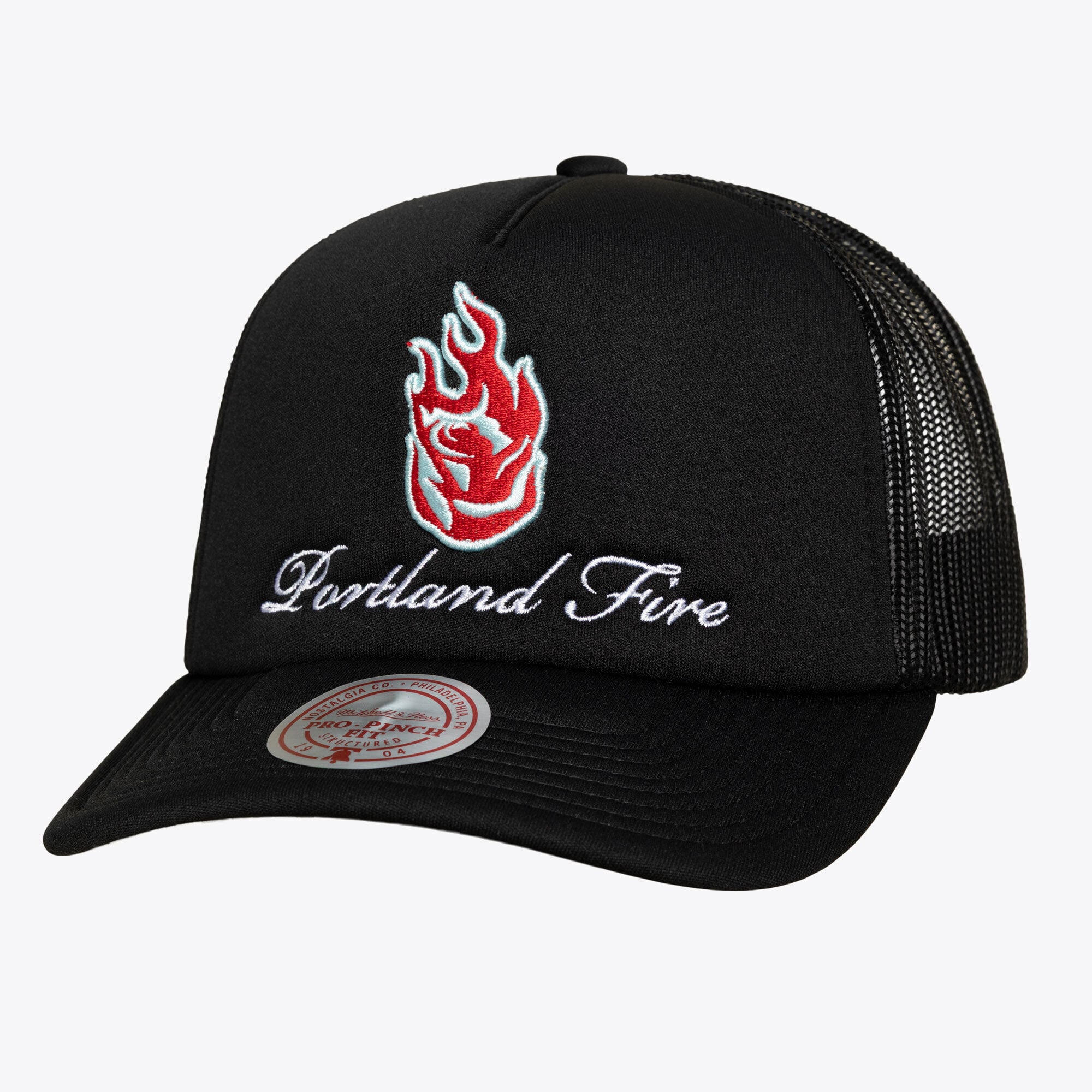 Unisex Mitchell & Ness Black Portland Fire Script Pro Pinch Adjustable Trucker Hat