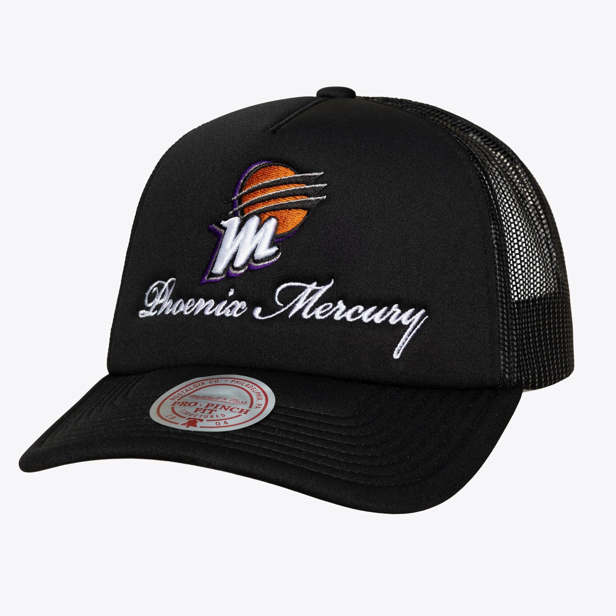 Unisex Mitchell & Ness Black Phoenix Mercury Script Pro Pinch Adjustable Trucker Hat