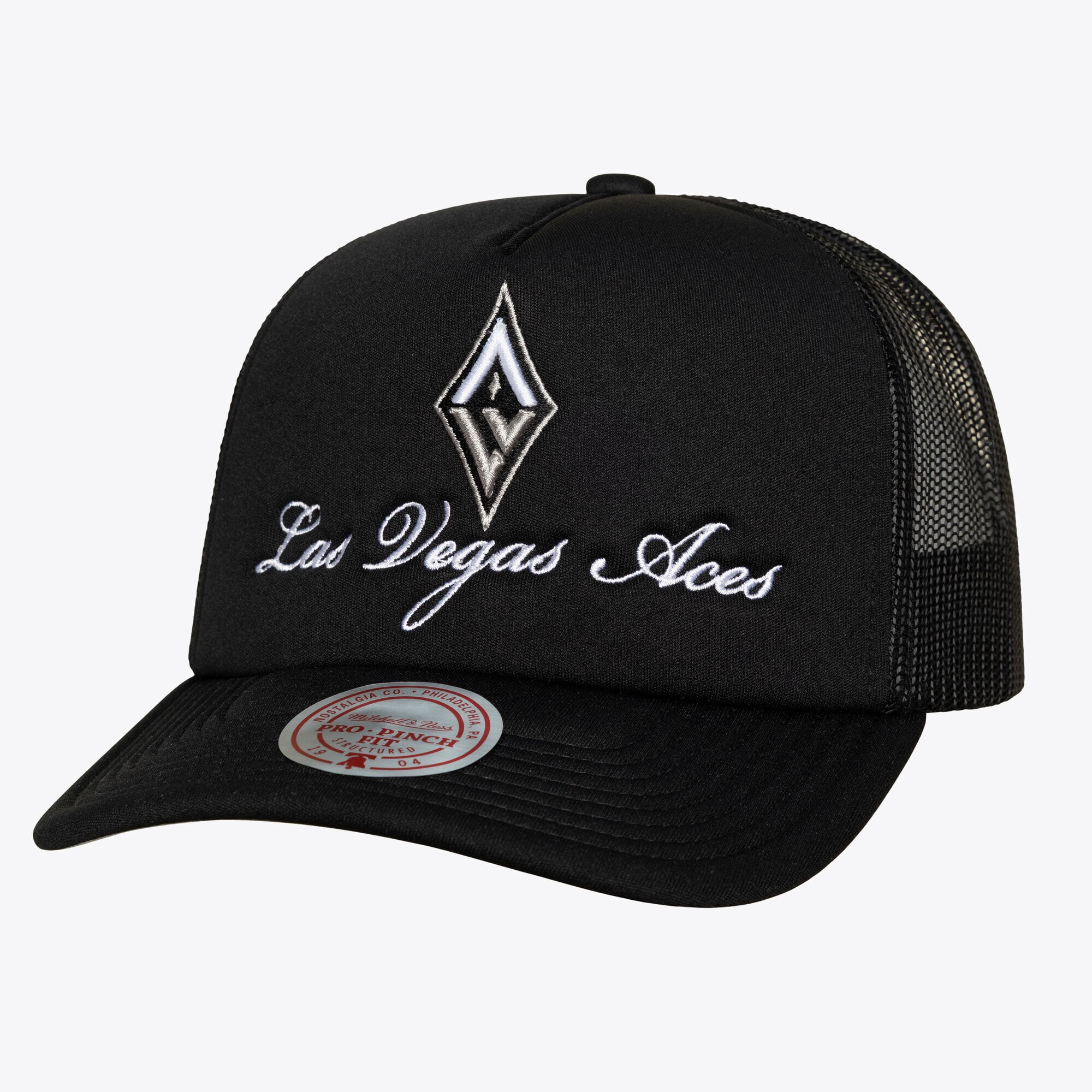 Unisex Mitchell & Ness Black Las Vegas Aces Script Pro Pinch Adjustable Trucker Hat