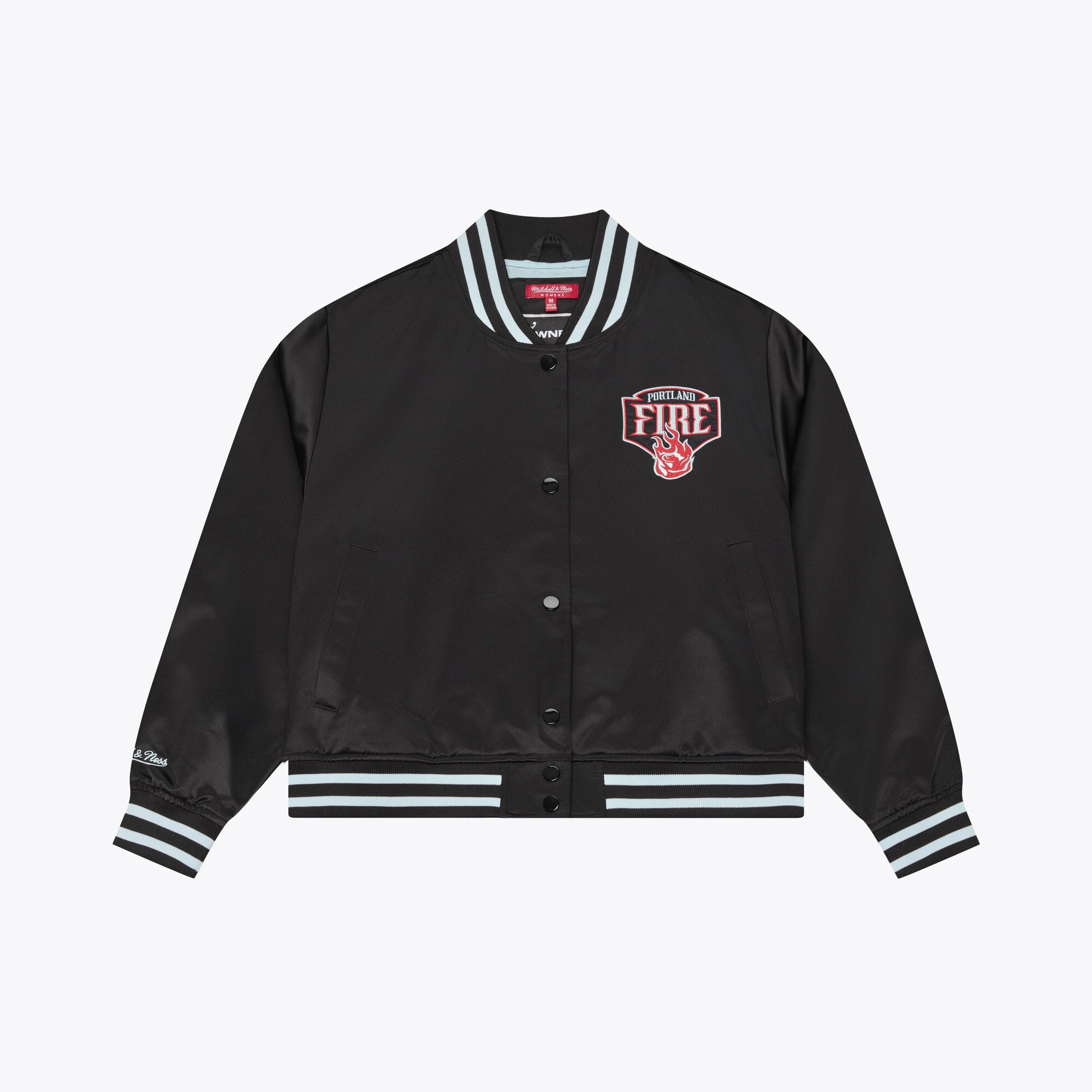 Women's Mitchell & Ness  Black Portland Fire Lightweight Cropped Satin Jacket