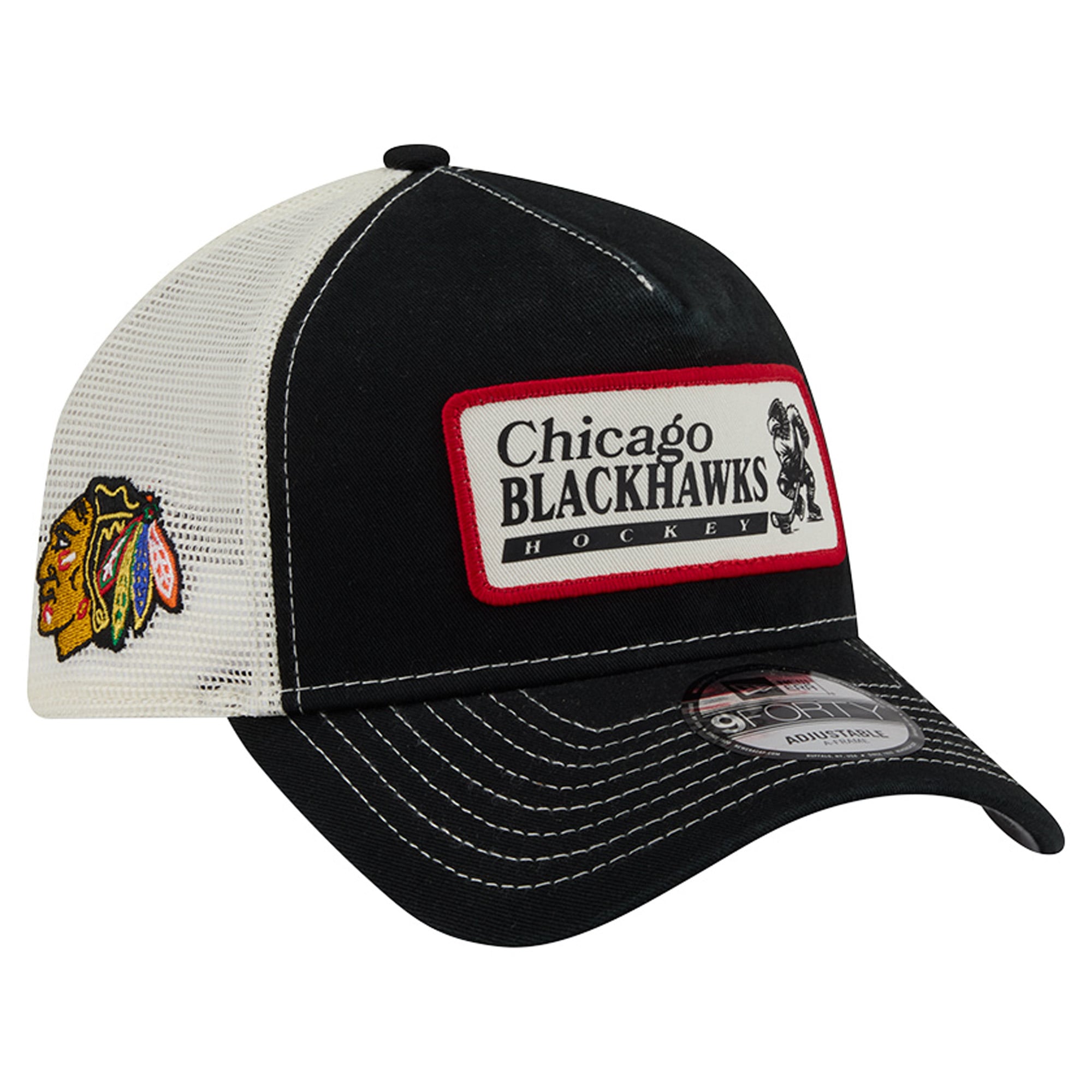 Men's New Era Black/White Chicago Blackhawks Skater Patch A-Frame 9FORTY Adjustable Trucker Hat